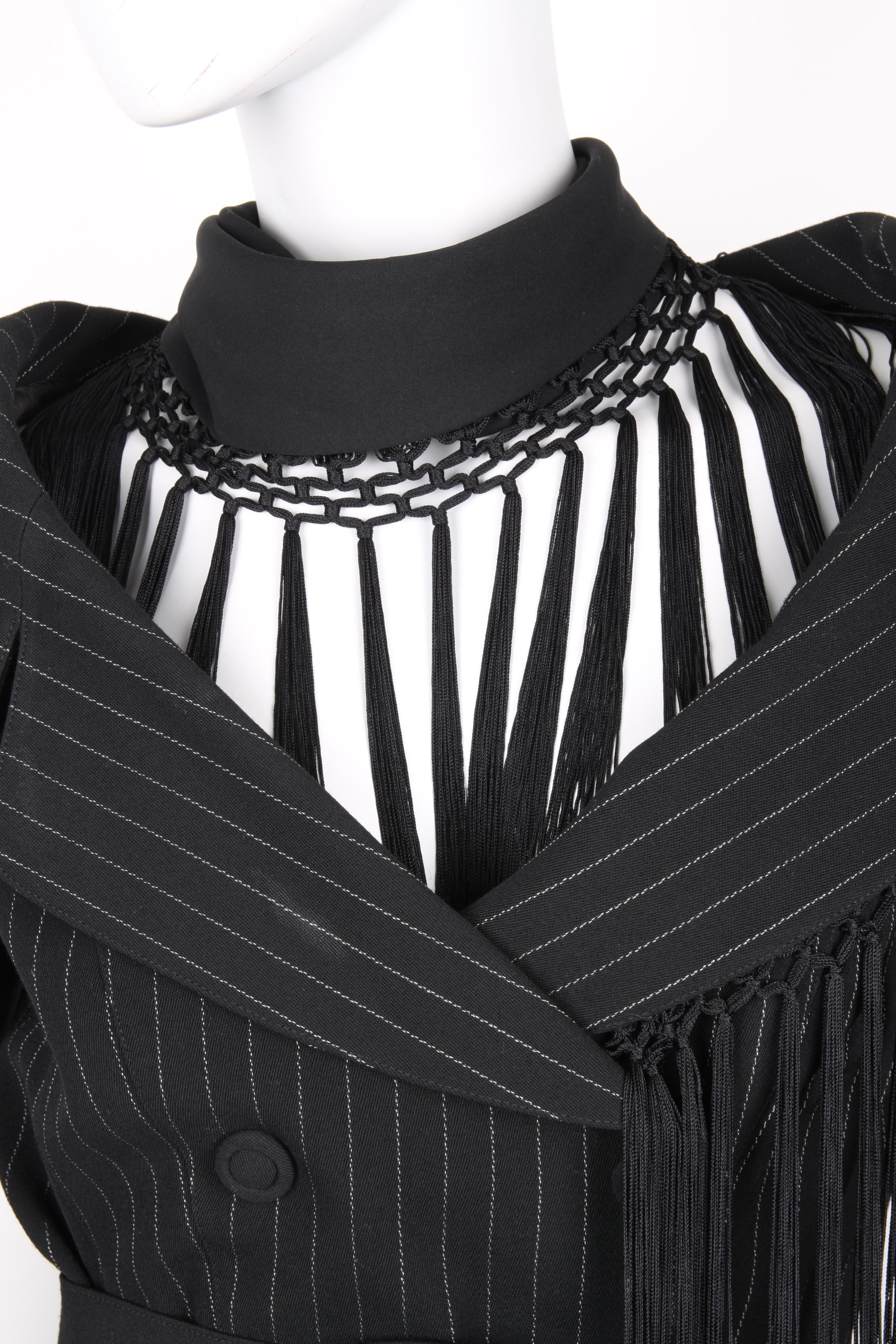 Black Thierry Mugler pinstripe jacket with asymmetric silk tassle shawl For Sale