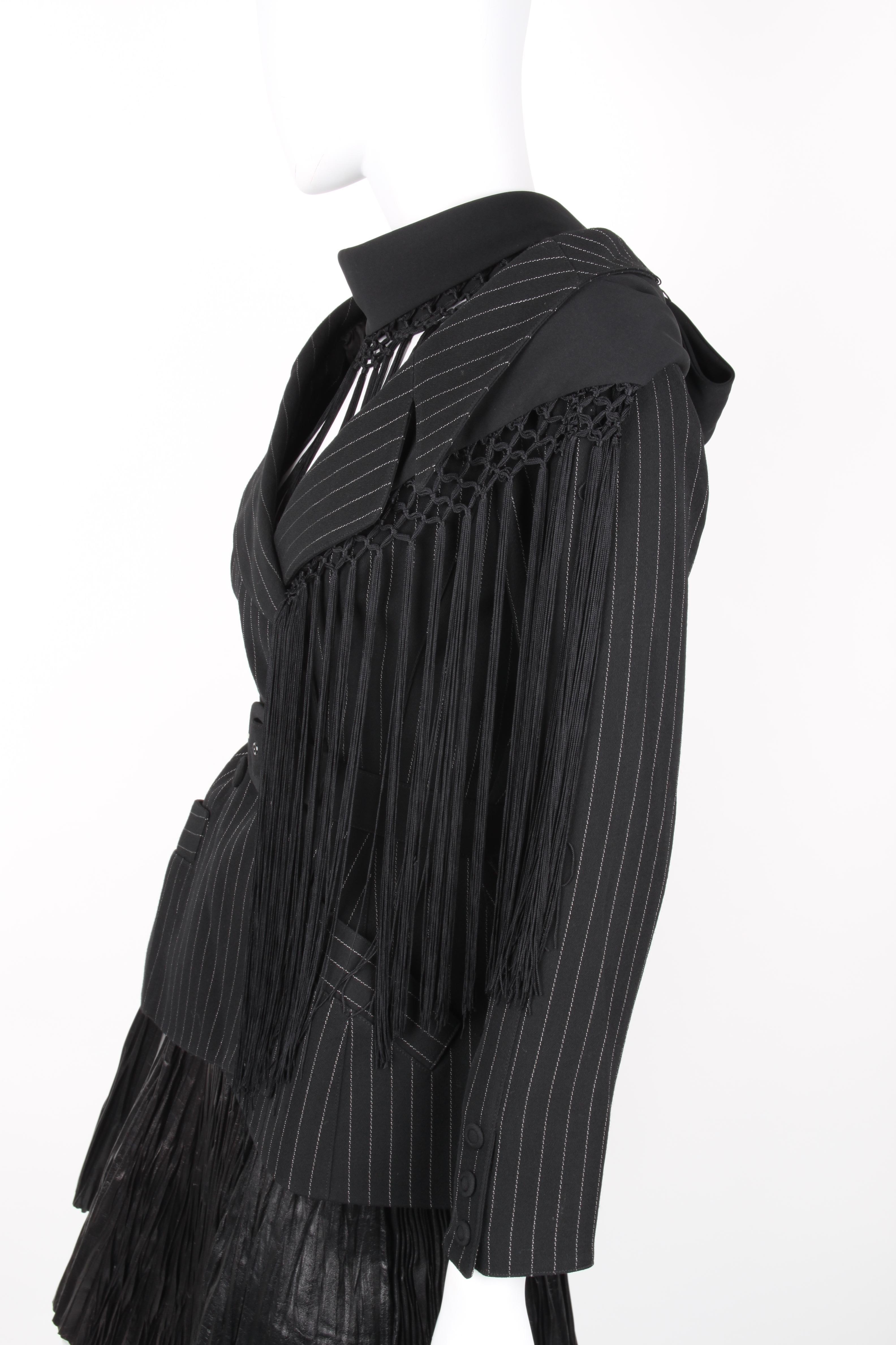 Women's or Men's Thierry Mugler pinstripe jacket with asymmetric silk tassle shawl For Sale