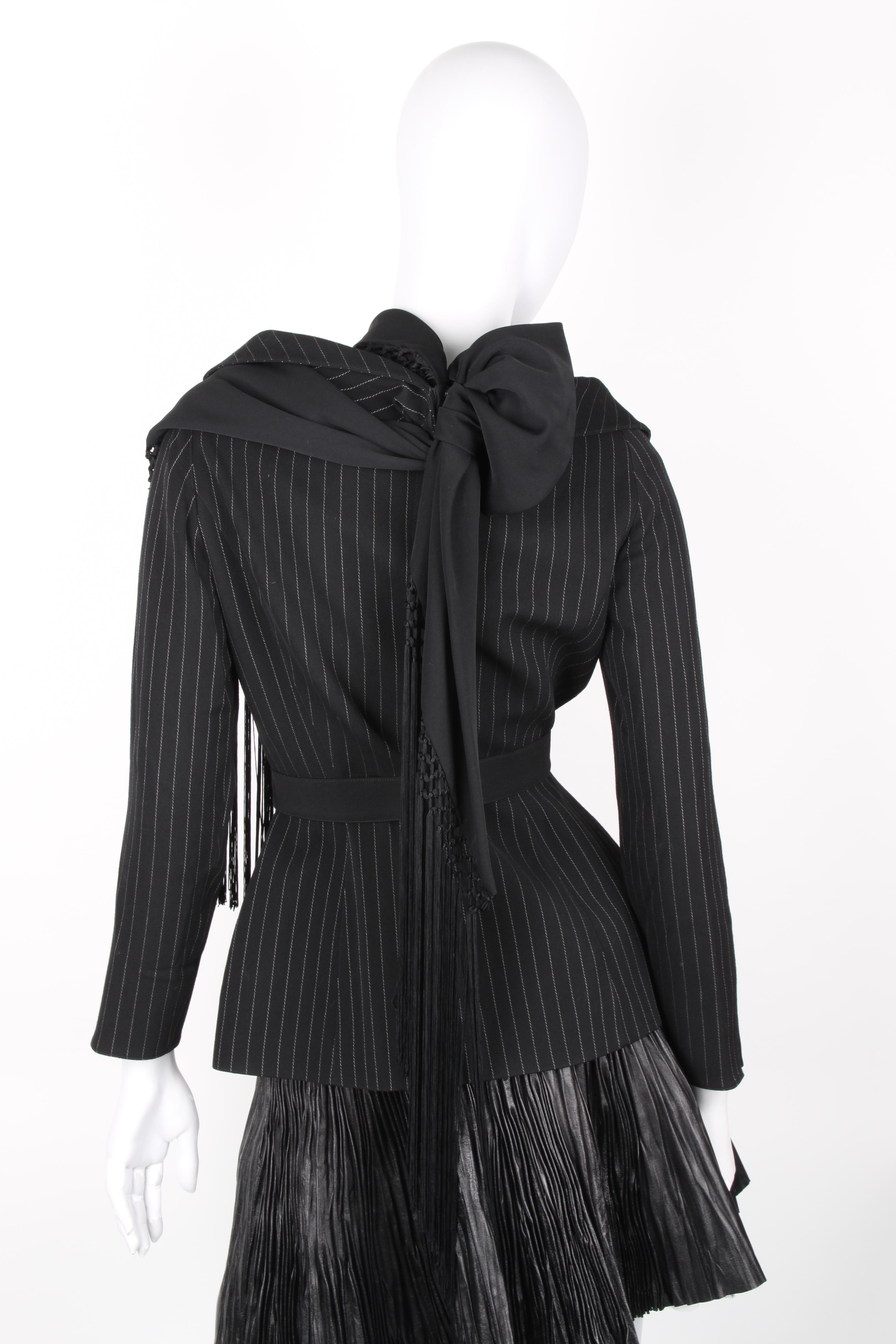 Thierry Mugler pinstripe jacket with asymmetric silk tassle shawl For Sale 1
