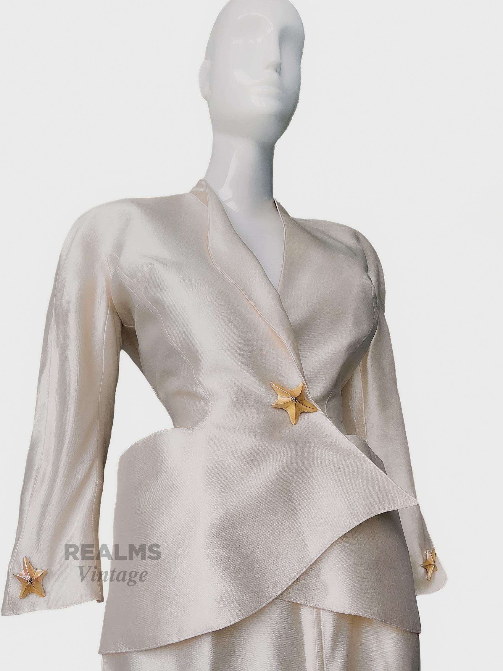 Women's Thierry Mugler Pure Silk Sculptural Dramatic Skirtsuit Gold Starfish 