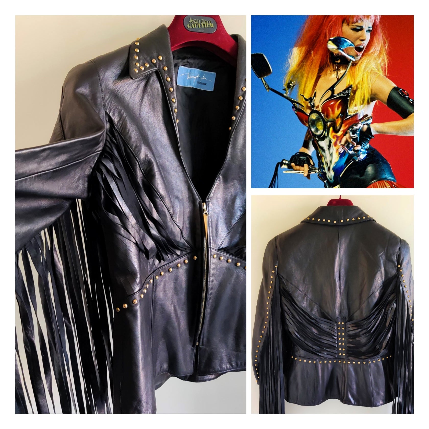 Ultra rare “Arc En Ciel” (Rainbow)  Thierry Mugler skirt suit from the Spring Summer 1990 Collection.

Jacket has shoulder pads and wasp waist. You can adjust the waist with the waist belt.
Wrap skirt. 
The suit is fully lined. 
Linda Evangelista