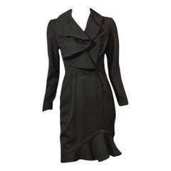 Thierry Mugler RARE Black Ruffled Runway Wool Suit Dress Coat, 1989 collection