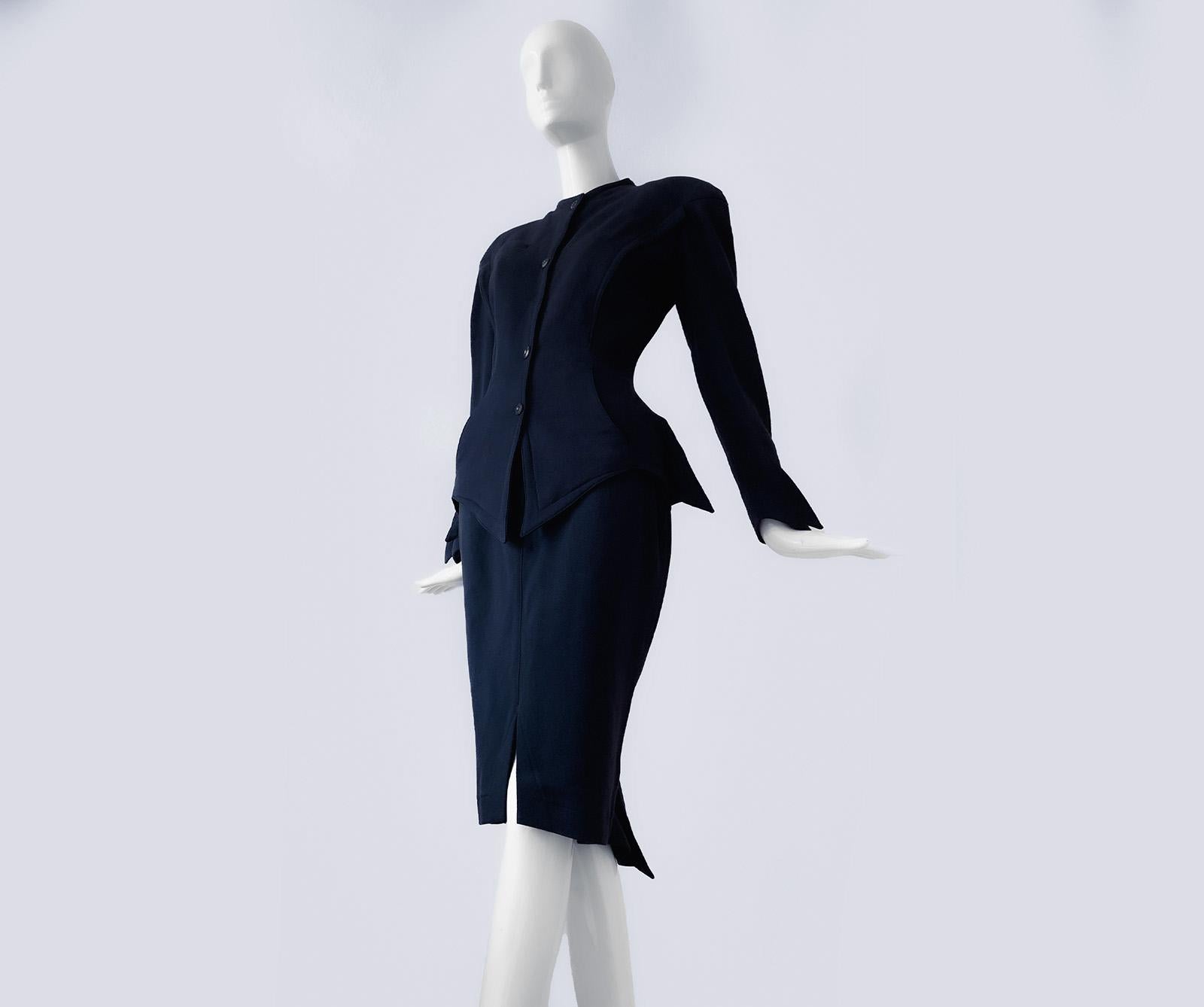 Thierry Mugler Rare Dramatic Suit Skirtsuit Silhouette Wool Blazer Skirt 80s For Sale 2