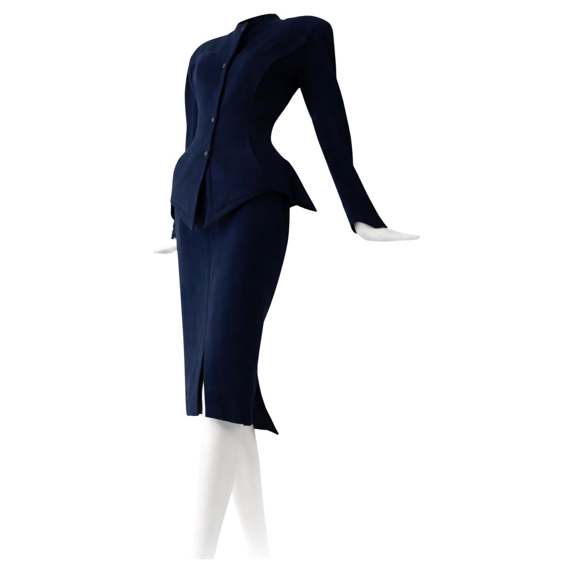 Thierry Mugler Rare Dramatic Suit Skirtsuit Silhouette Wool Blazer Skirt 80s