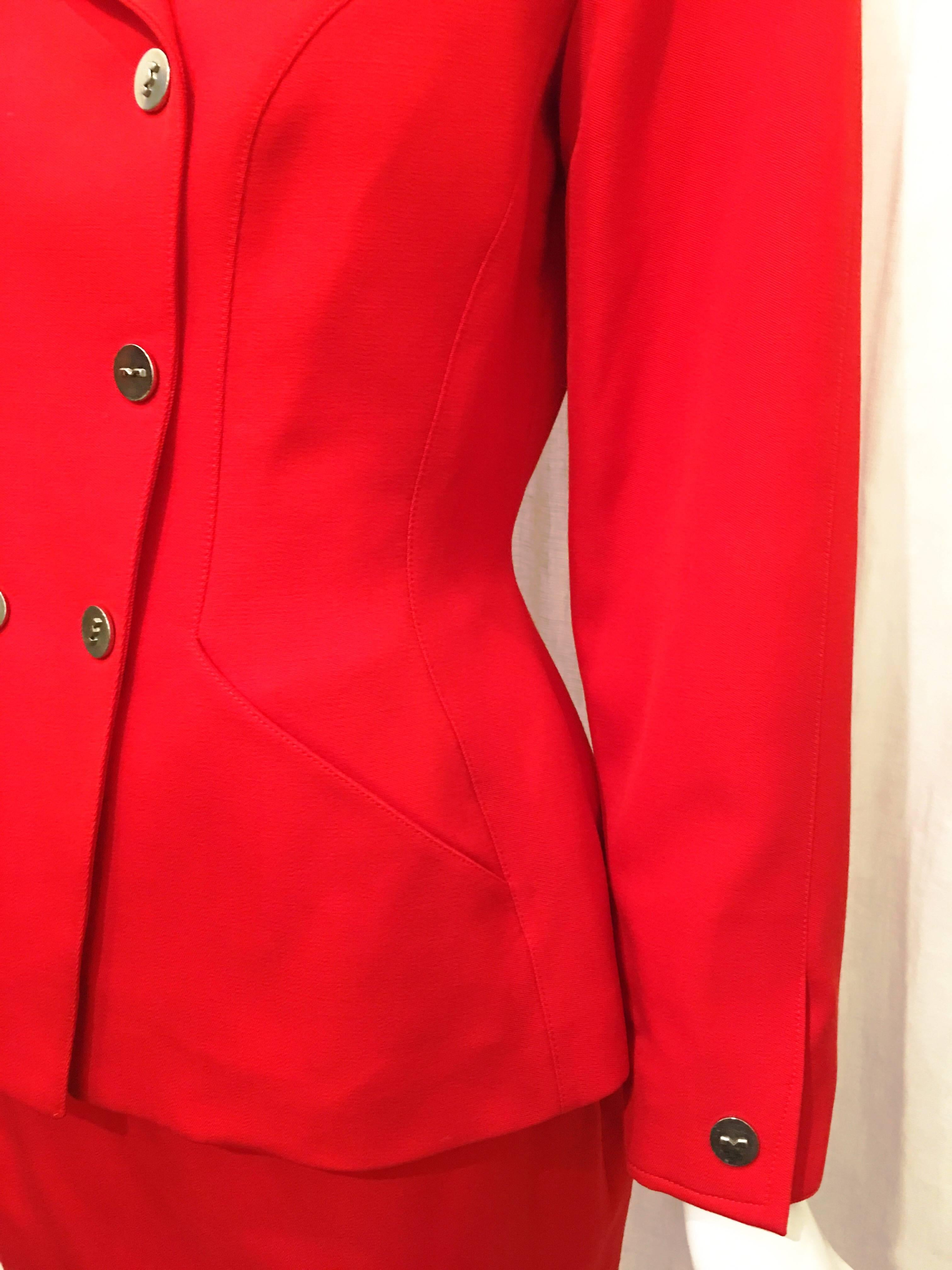 Thierry Mugler Red Double Breasted Wool Suit Jacket In Excellent Condition For Sale In Brooklyn, NY