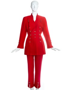 Thierry Mugler red pant suit with silver metal rings, c. 1990s