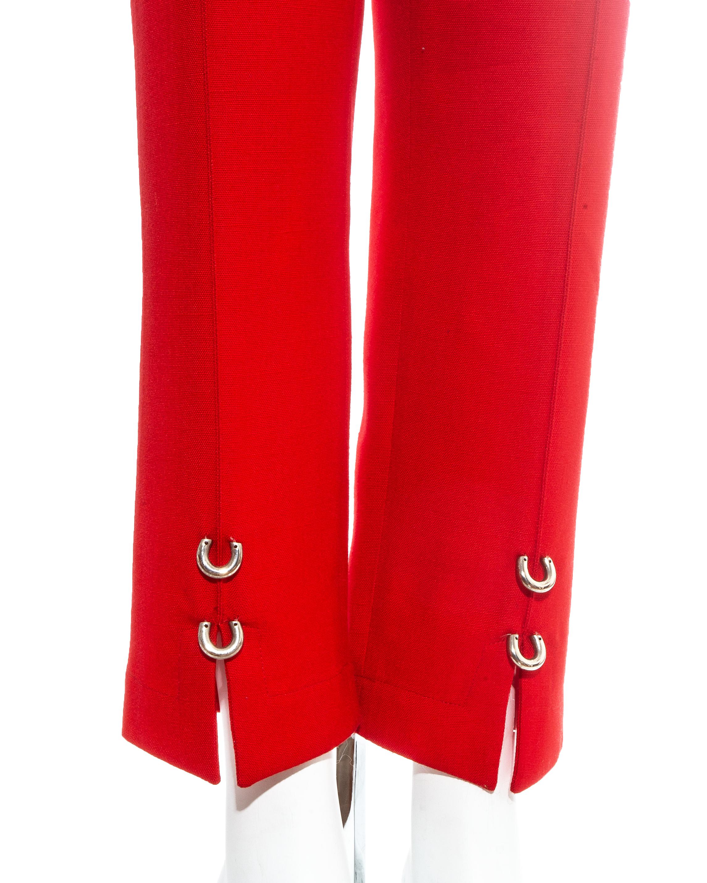 Red Thierry Mugler red pant suit with silver metal rings, c. 1990s For Sale