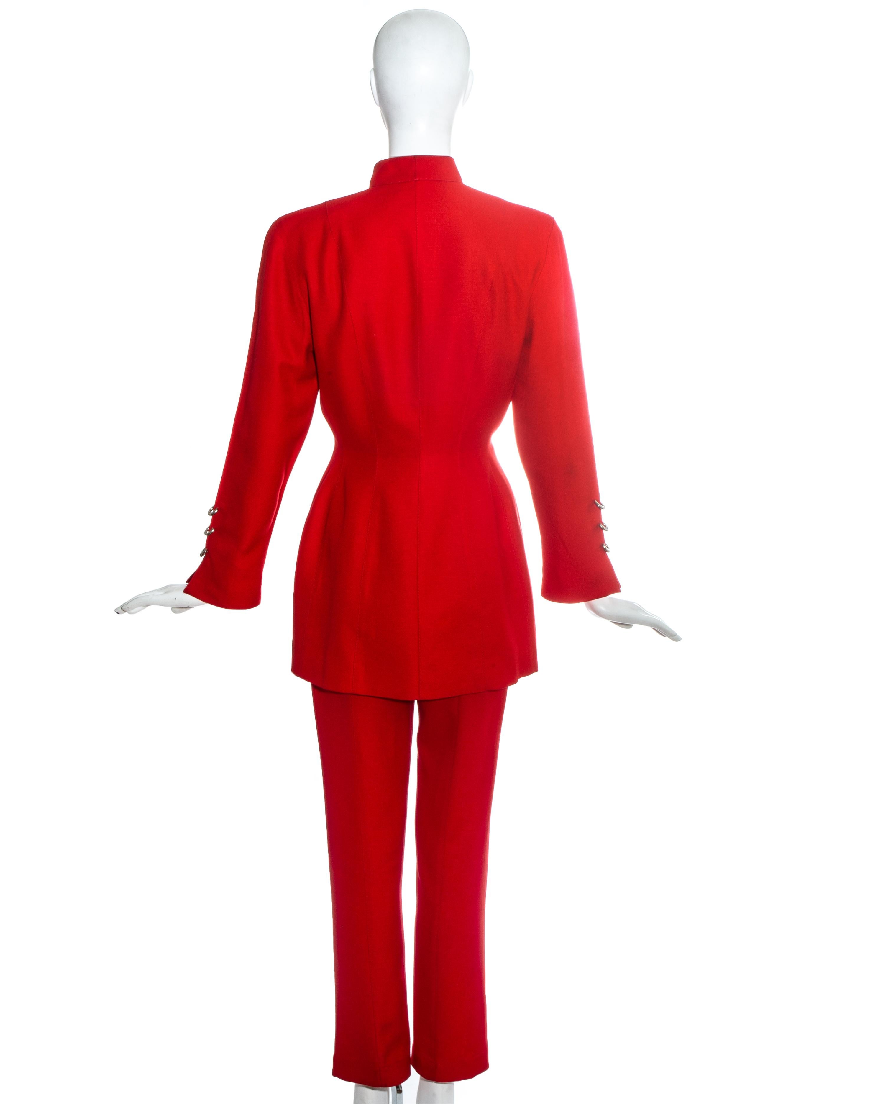 Women's Thierry Mugler red pant suit with silver metal rings, c. 1990s For Sale