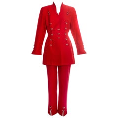 Thierry Mugler red pant suit with silver metal rings, c. 1990s