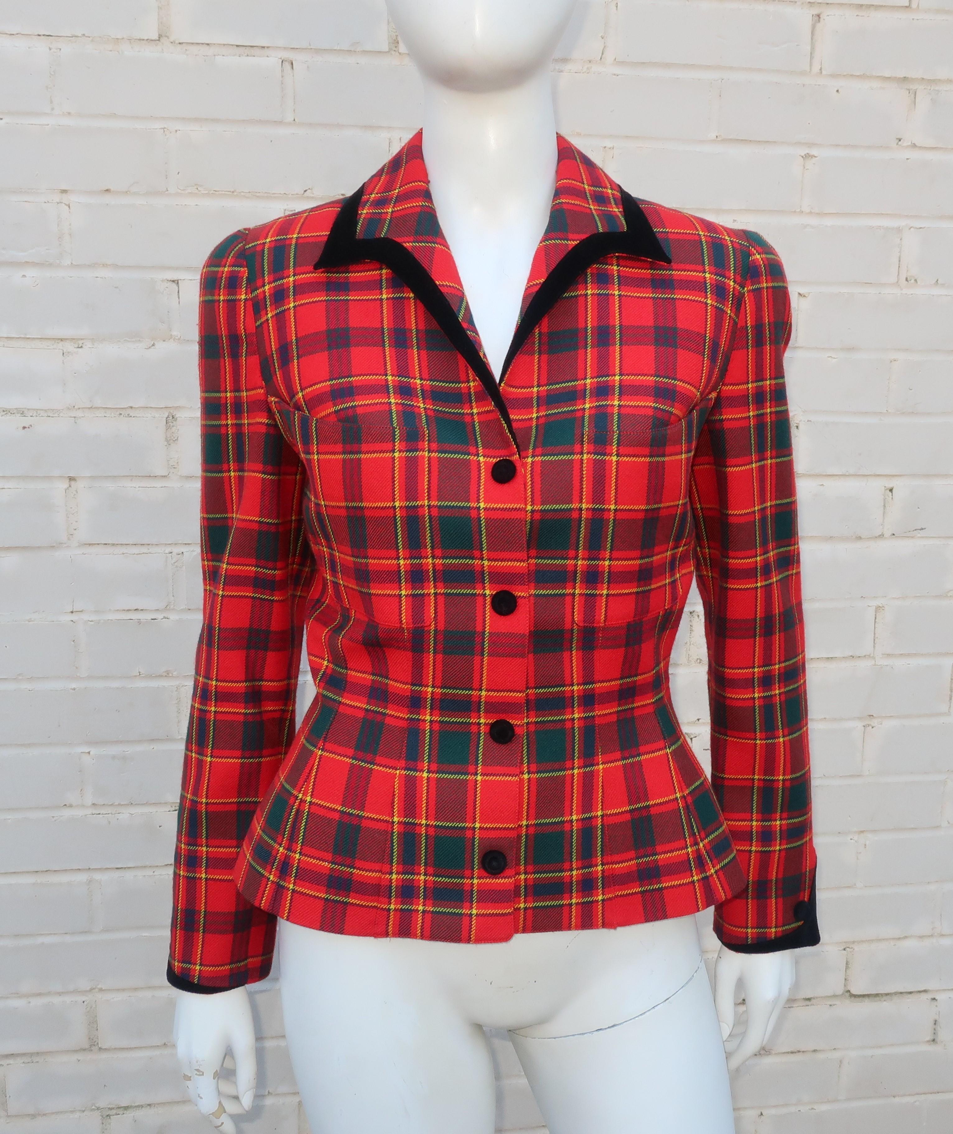 Thierry Mugler Red Plaid Suit With Black Velvet Trim 3