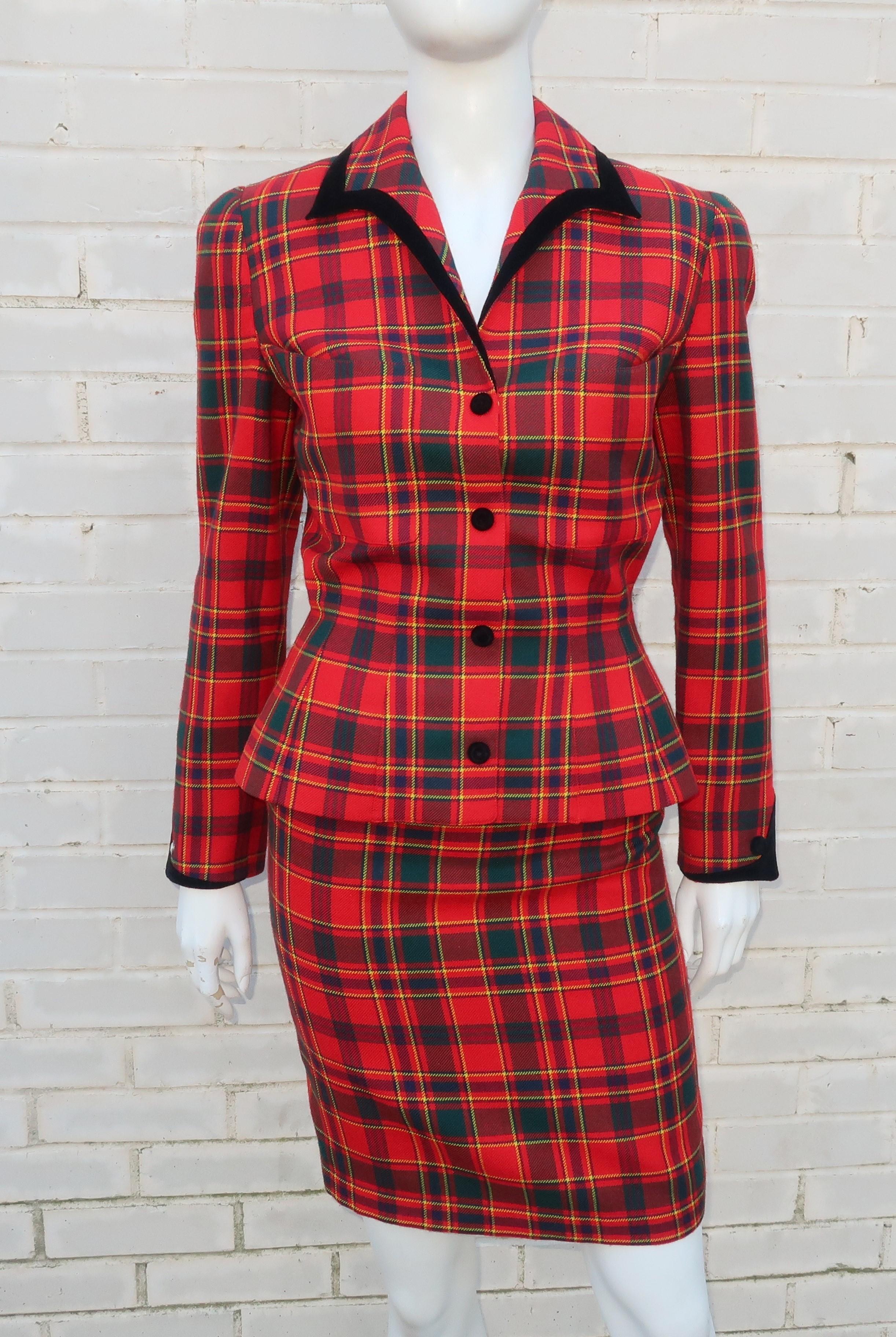 Women's Thierry Mugler Red Plaid Suit With Black Velvet Trim