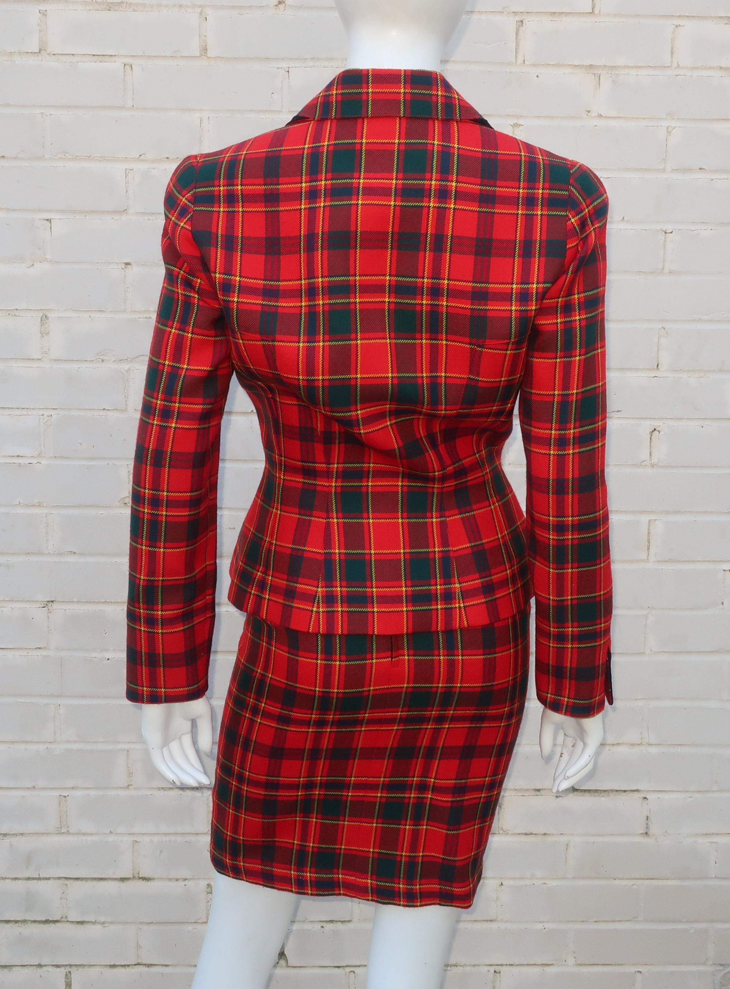 Thierry Mugler Red Plaid Suit With Black Velvet Trim 1