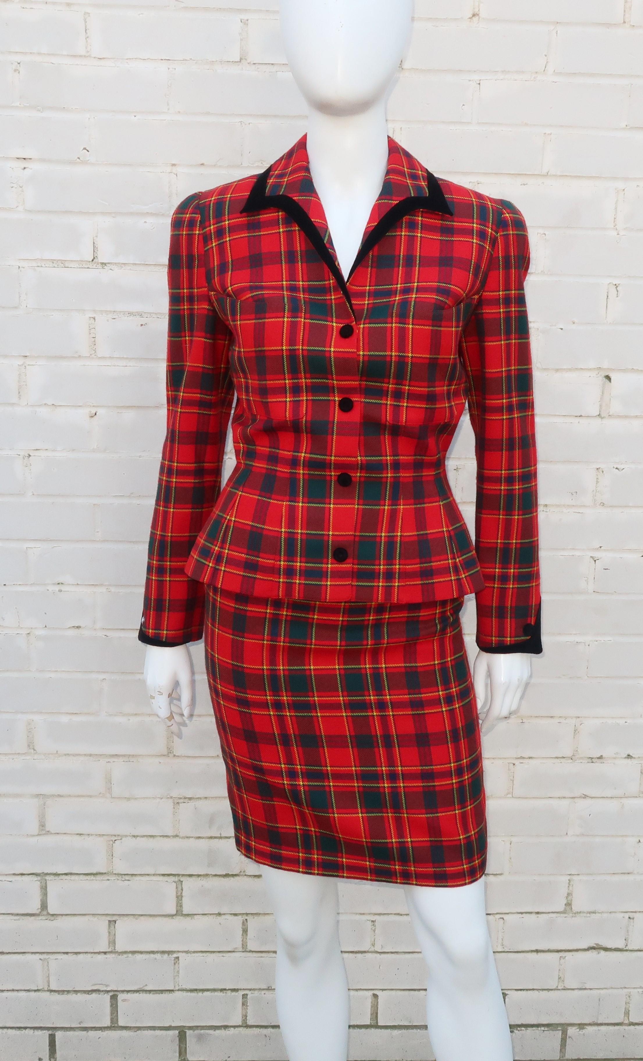 Thierry Mugler Red Plaid Suit With Black Velvet Trim 2
