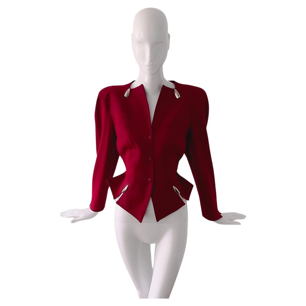 Thierry Mugler Red Silver Bullet Blazer Jacket FW 1989-1990 Dramatic Cutout 80s 
