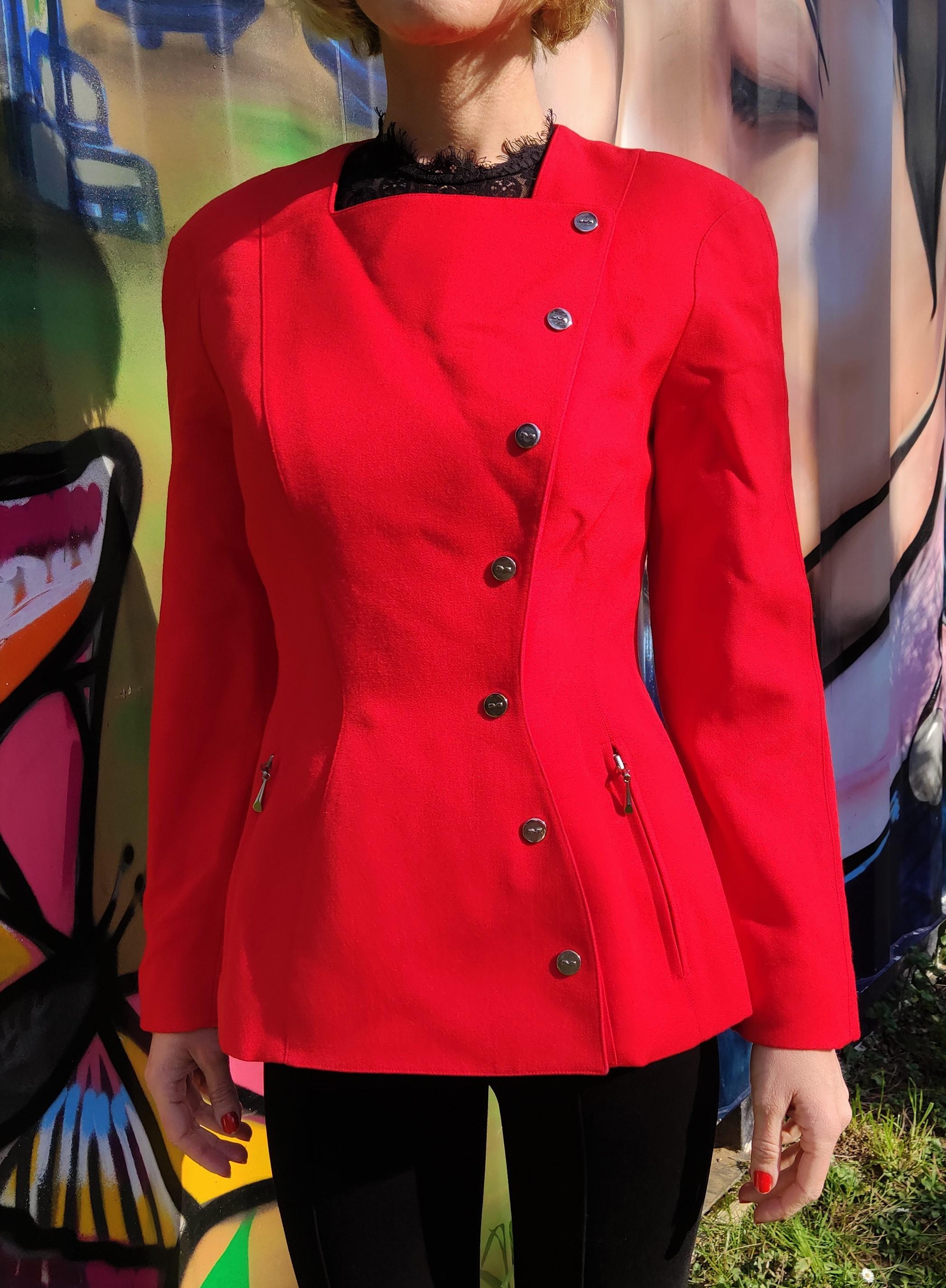 Women's Thierry Mugler Red Wasp Waist Bee Vintage 90s Runway Couture Suit Blazer Jacket