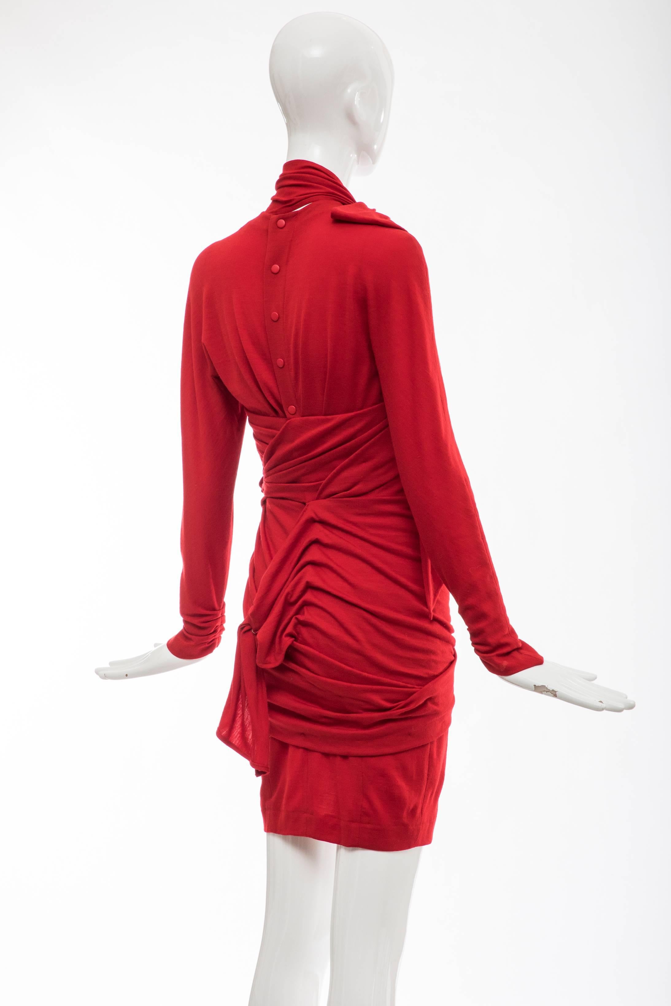 Thierry Mugler Red Wool Jersey Ruched Dress with Built-In-Corset, Circa: 1980's In Good Condition In Cincinnati, OH