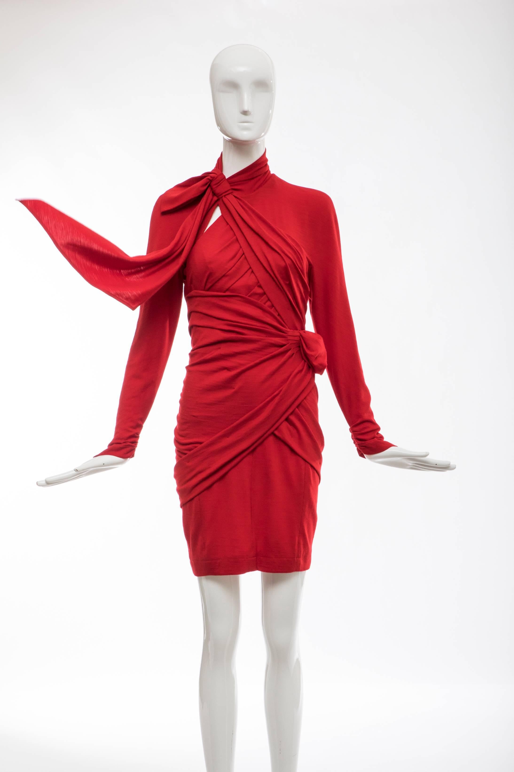 Women's Thierry Mugler Red Wool Jersey Ruched Dress with Built-In-Corset, Circa: 1980's