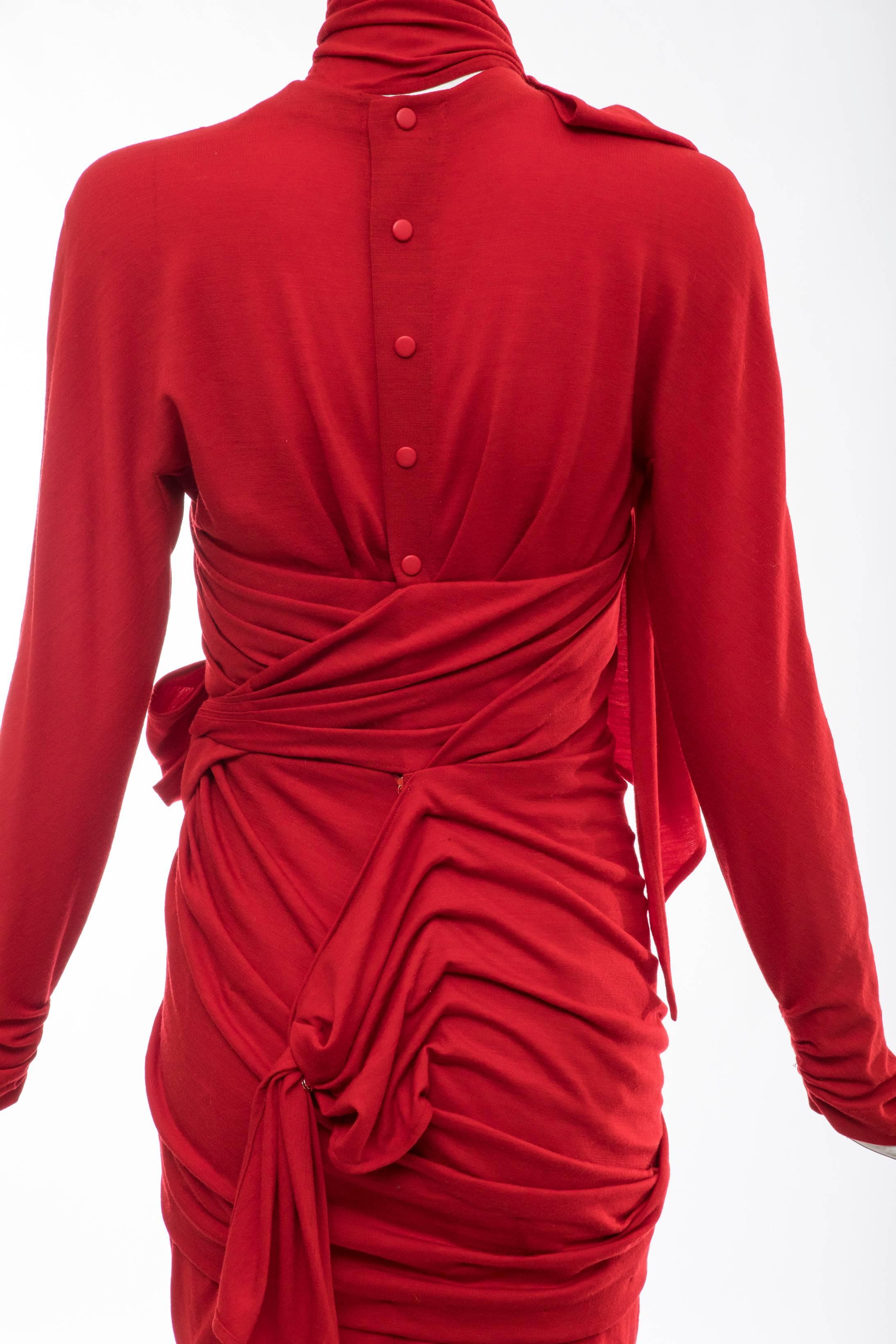 Thierry Mugler Red Wool Jersey Ruched Dress with Built-In-Corset, Circa: 1980's 1