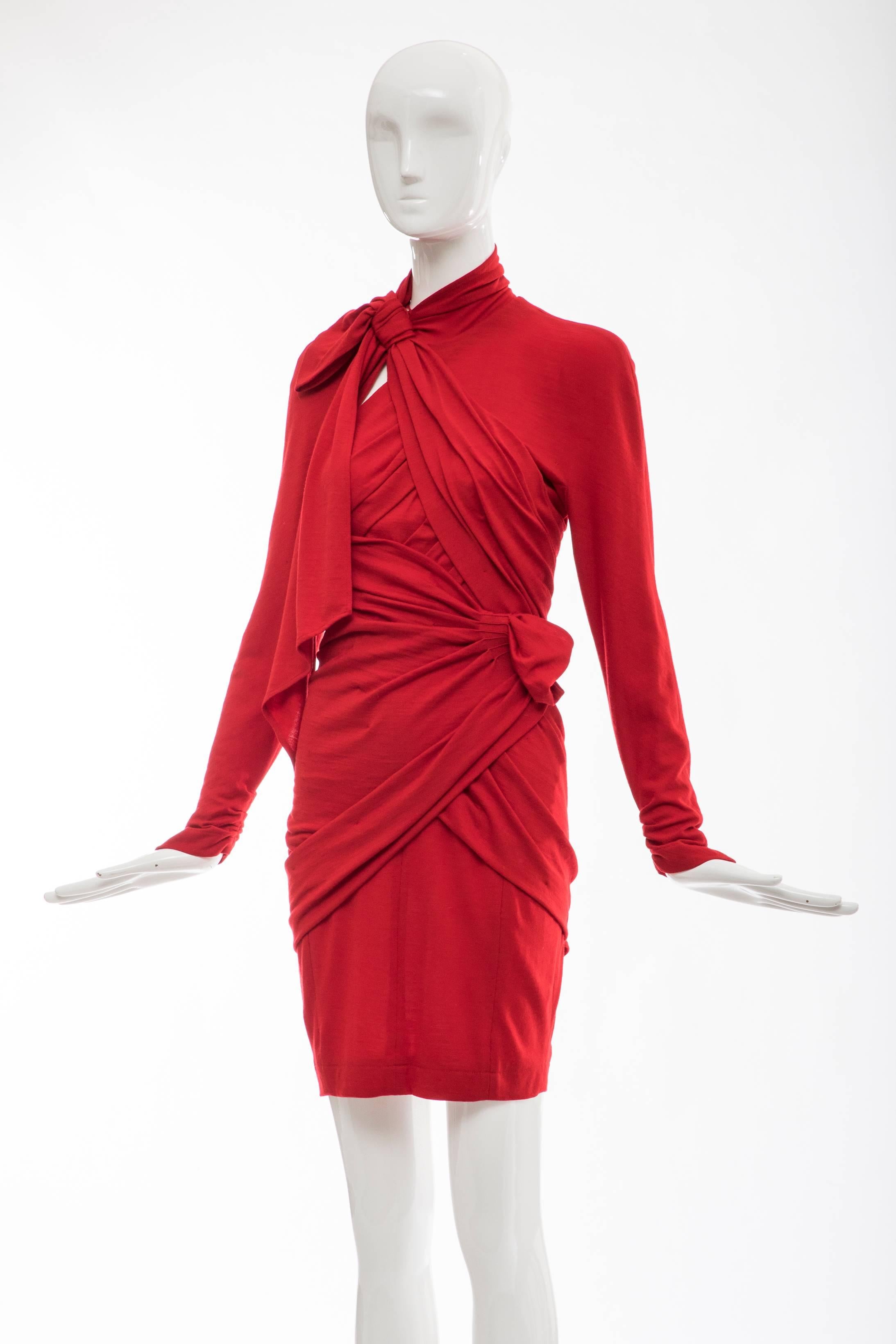 Thierry Mugler Red Wool Jersey Ruched Dress with Built-In-Corset, Circa: 1980's 2