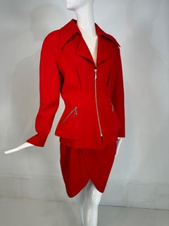 Thierry Mugler Red Wool Wide Lapel Nip Waist Jacket & Skirt Set Silver Hardware
