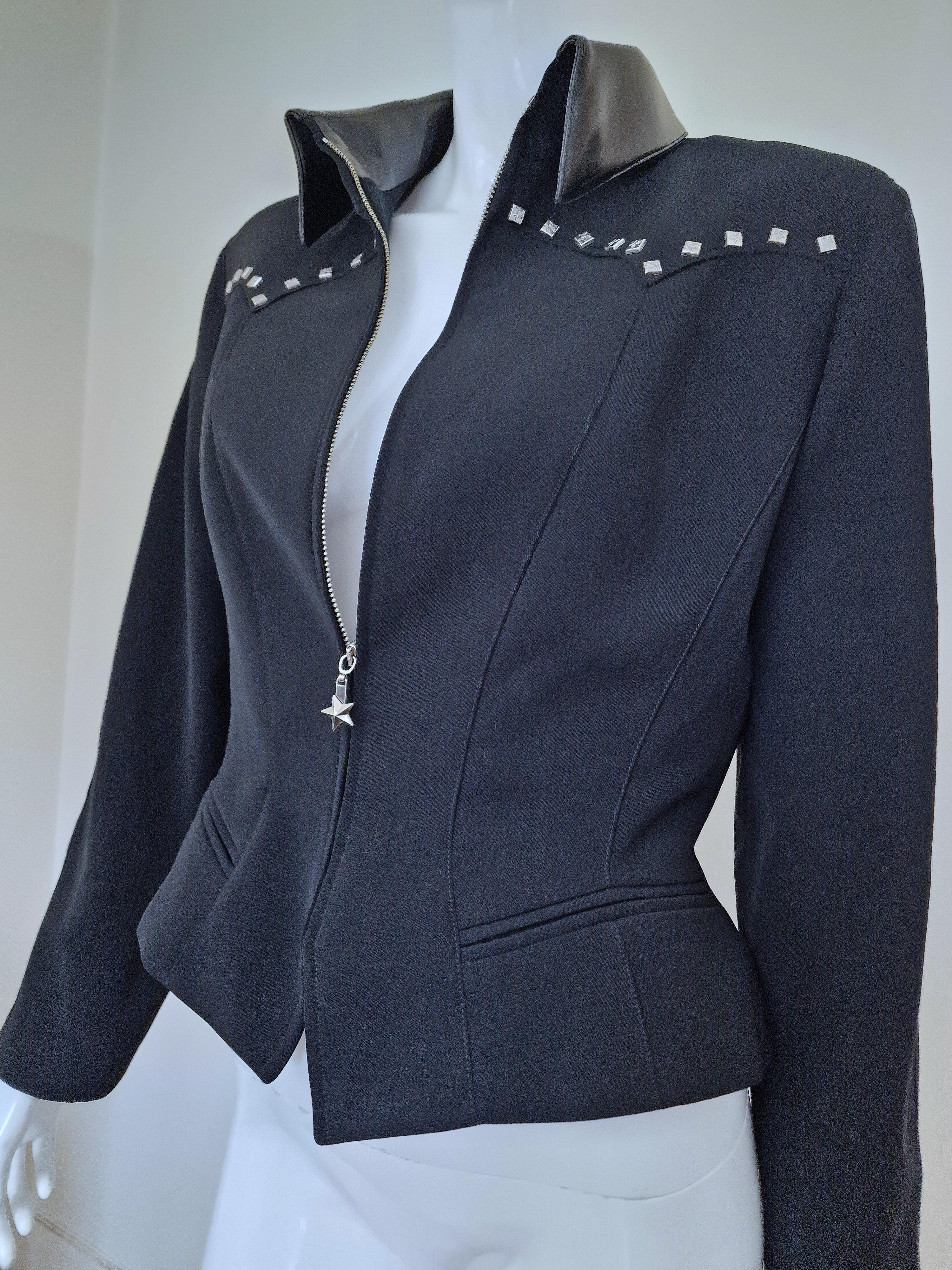 Thierry Mugler Rivet Riveted Metal Star Zipper Medium Large Blazer Black Jacket In Excellent Condition For Sale In PARIS, FR