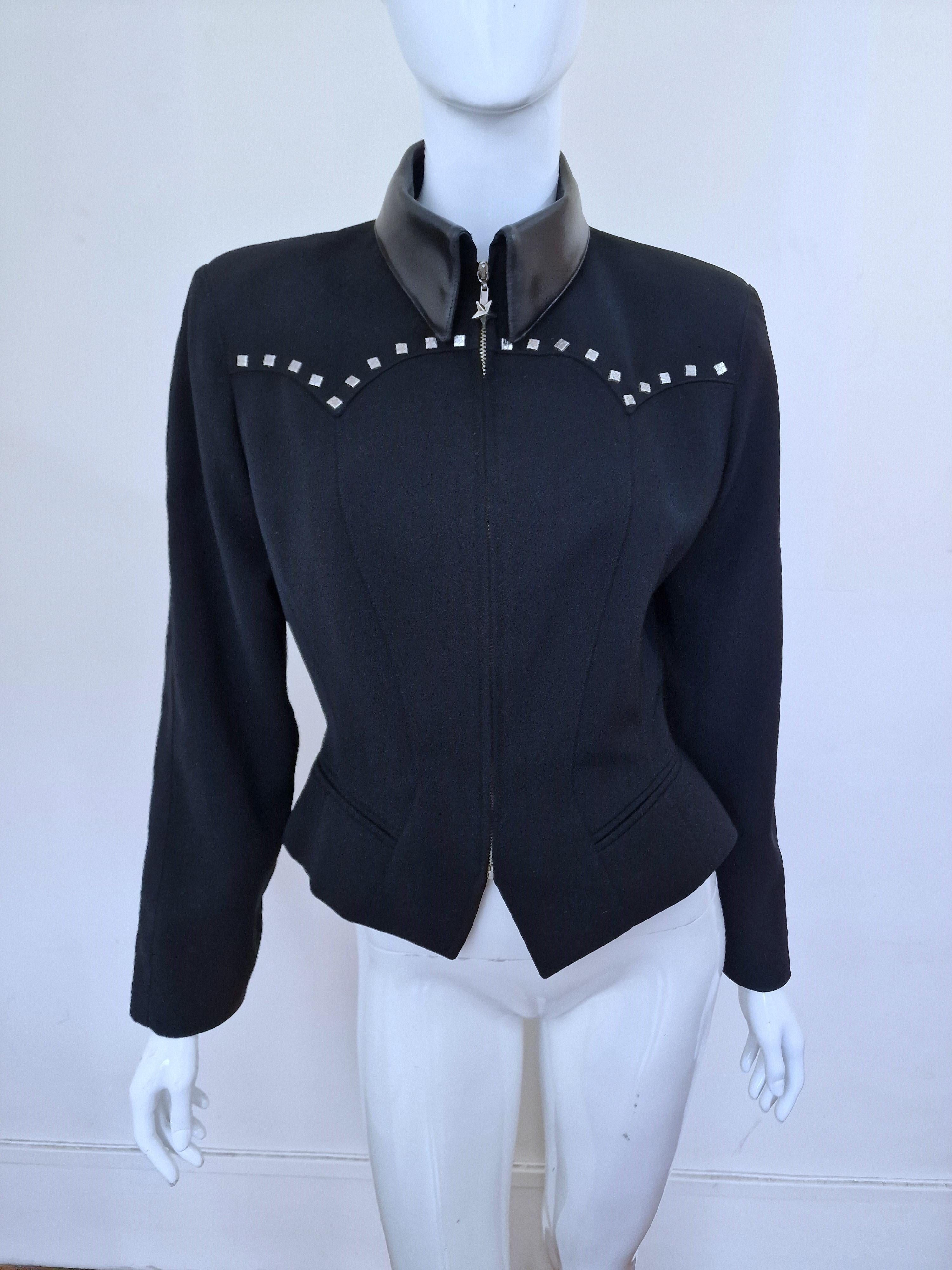 Thierry Mugler Rivet Riveted Metal Star Zipper Medium Large Blazer Black Jacket For Sale 2