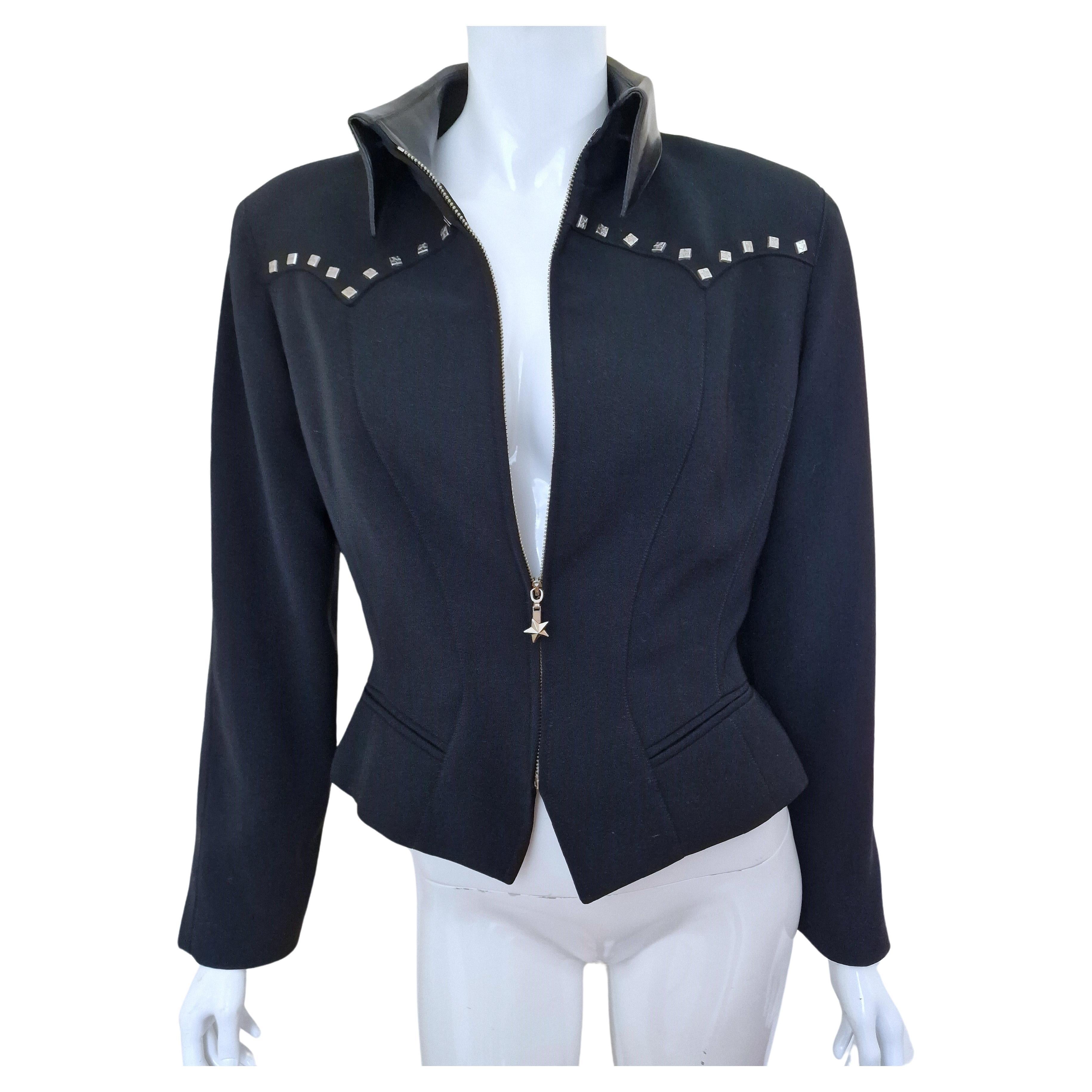 Thierry Mugler Rivet Riveted Metal Star Zipper Medium Large Blazer Black Jacket For Sale