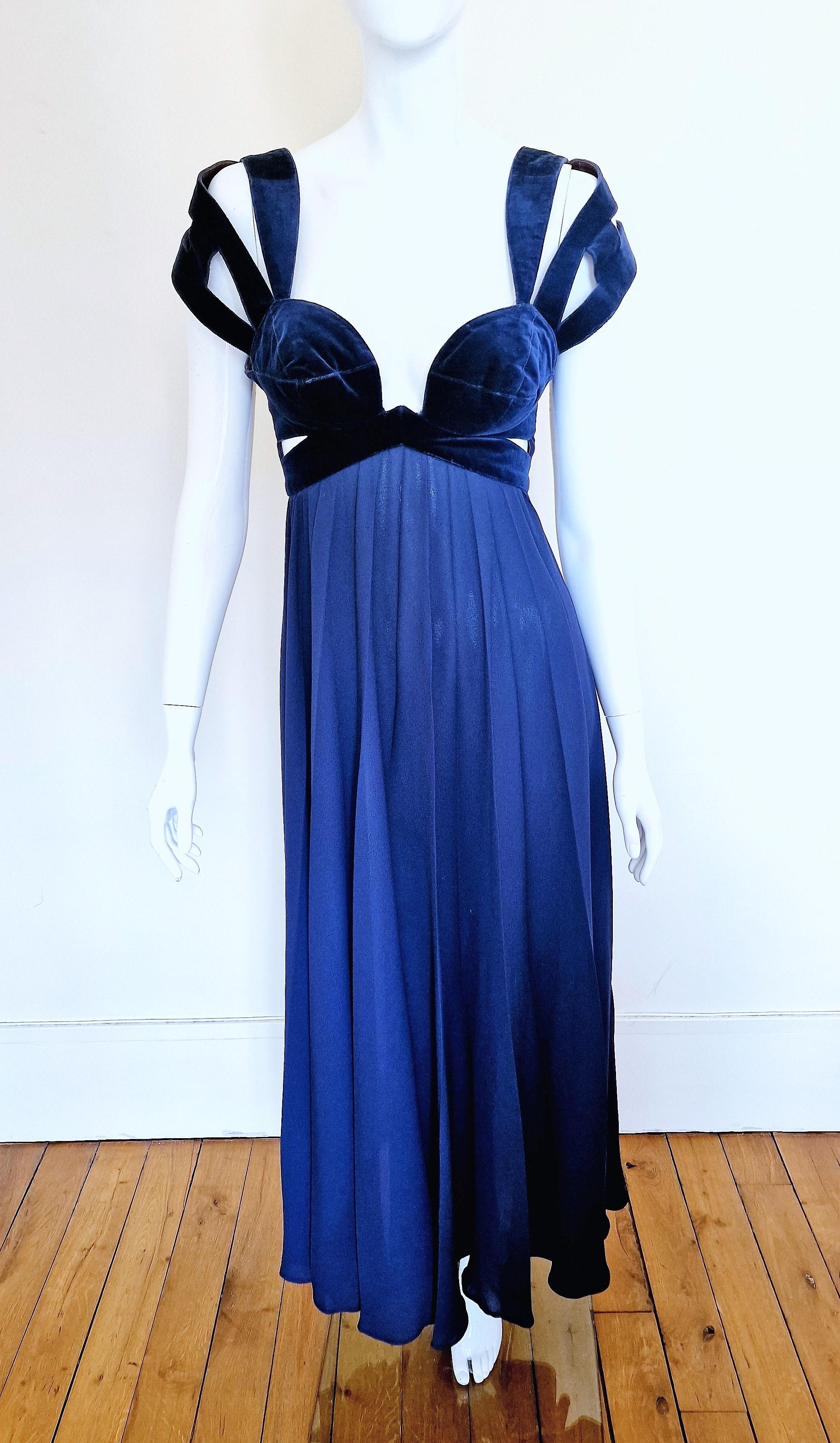 Gray Thierry Mugler Runway 1992 S/S Cut-Out Demi Moore Blue Evening Maxi Dress Gown For Sale