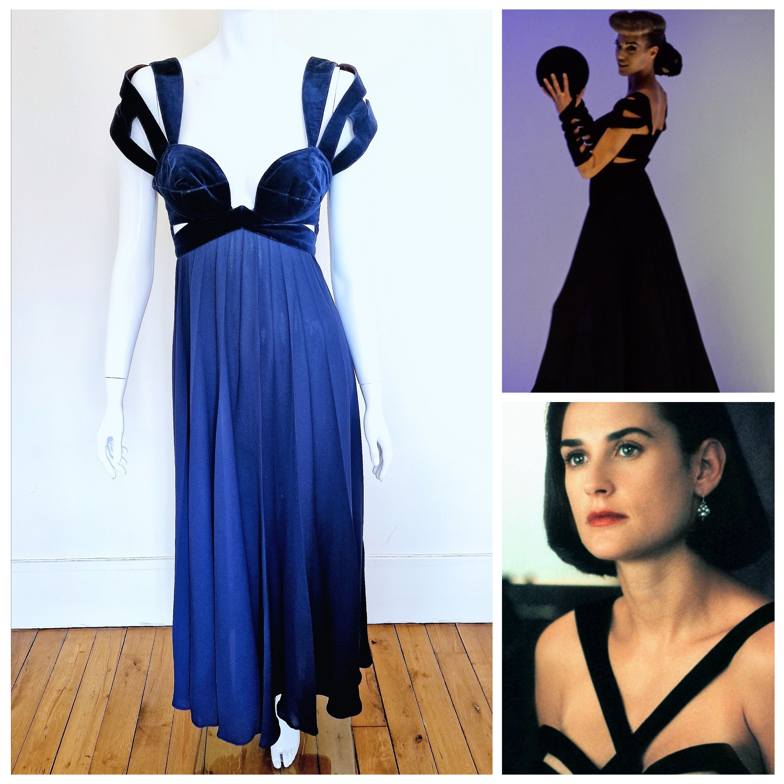 Thierry Mugler Runway 1992 S/S Cut-Out Demi Moore Blue Evening Maxi Dress Gown For Sale