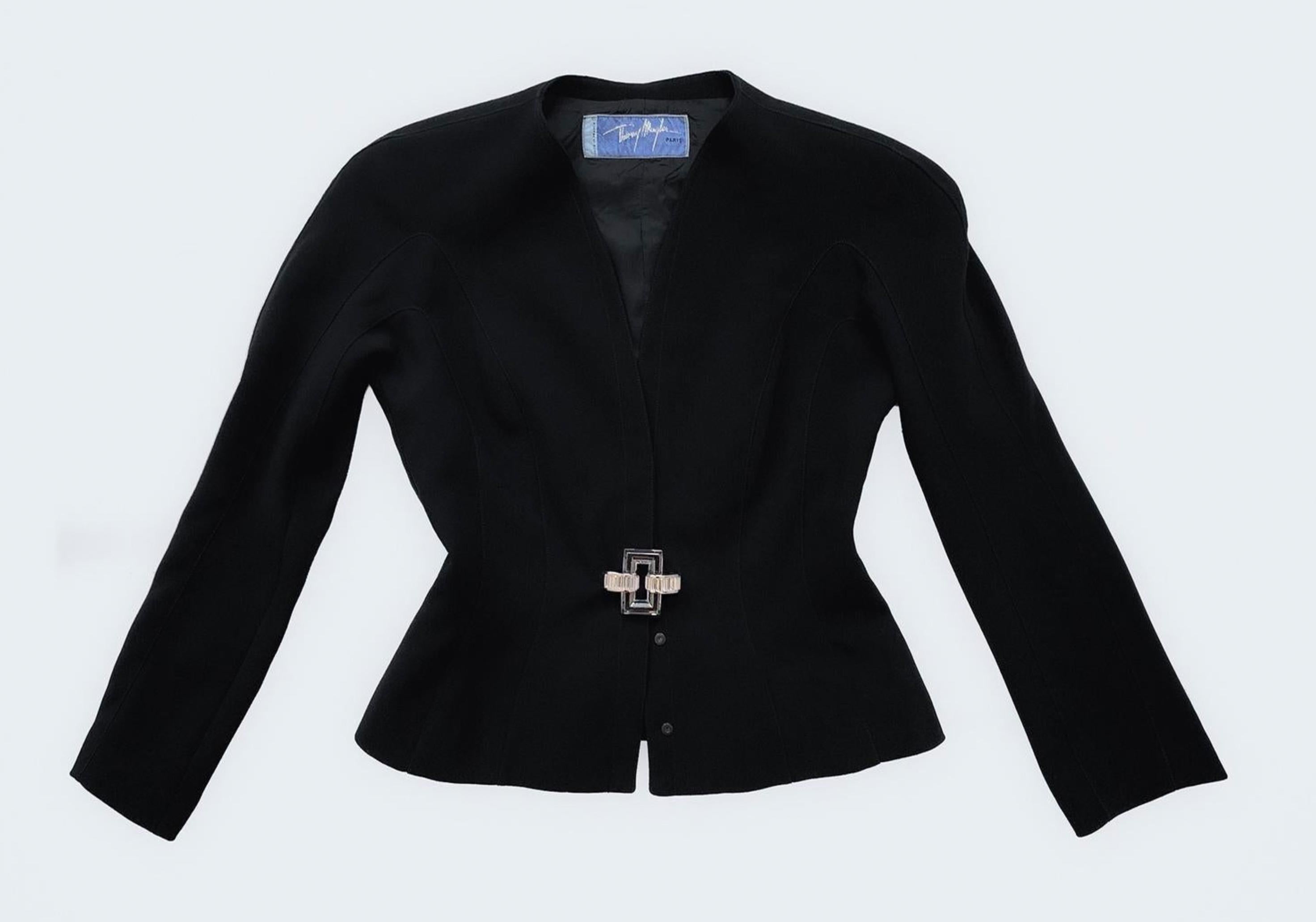 Thierry Mugler Runway Black Suit Skirtsuit Lucite Gem Buckle Blazer Jacket For Sale 1