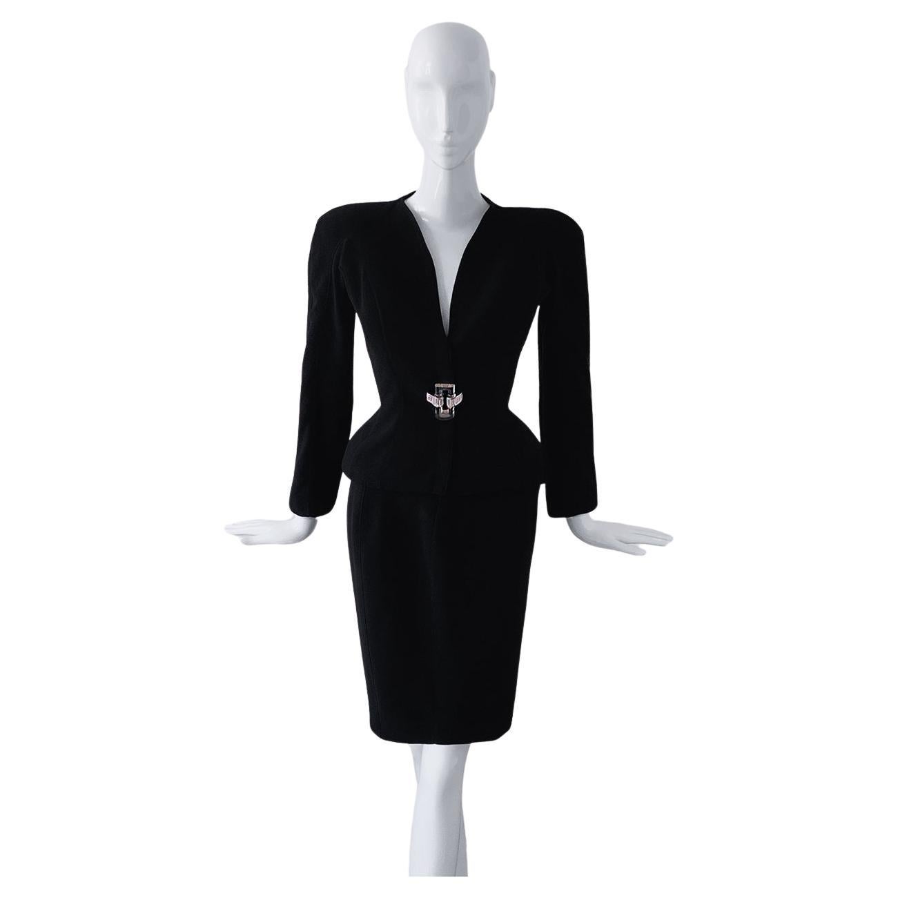 Thierry Mugler Runway Black Suit Skirtsuit Lucite Gem Buckle Blazer Jacket For Sale