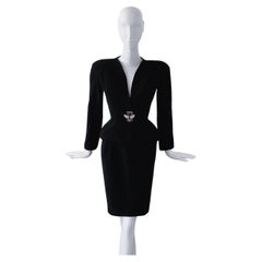 Traje Thierry Mugler Runway Negro Falda Traje Lucite Gem Buckle Blazer Chaqueta