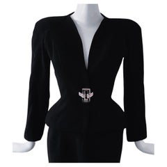 Thierry Mugler Runway Black Suit Skirtsuit Lucite Gem Buckle Blazer Jacket