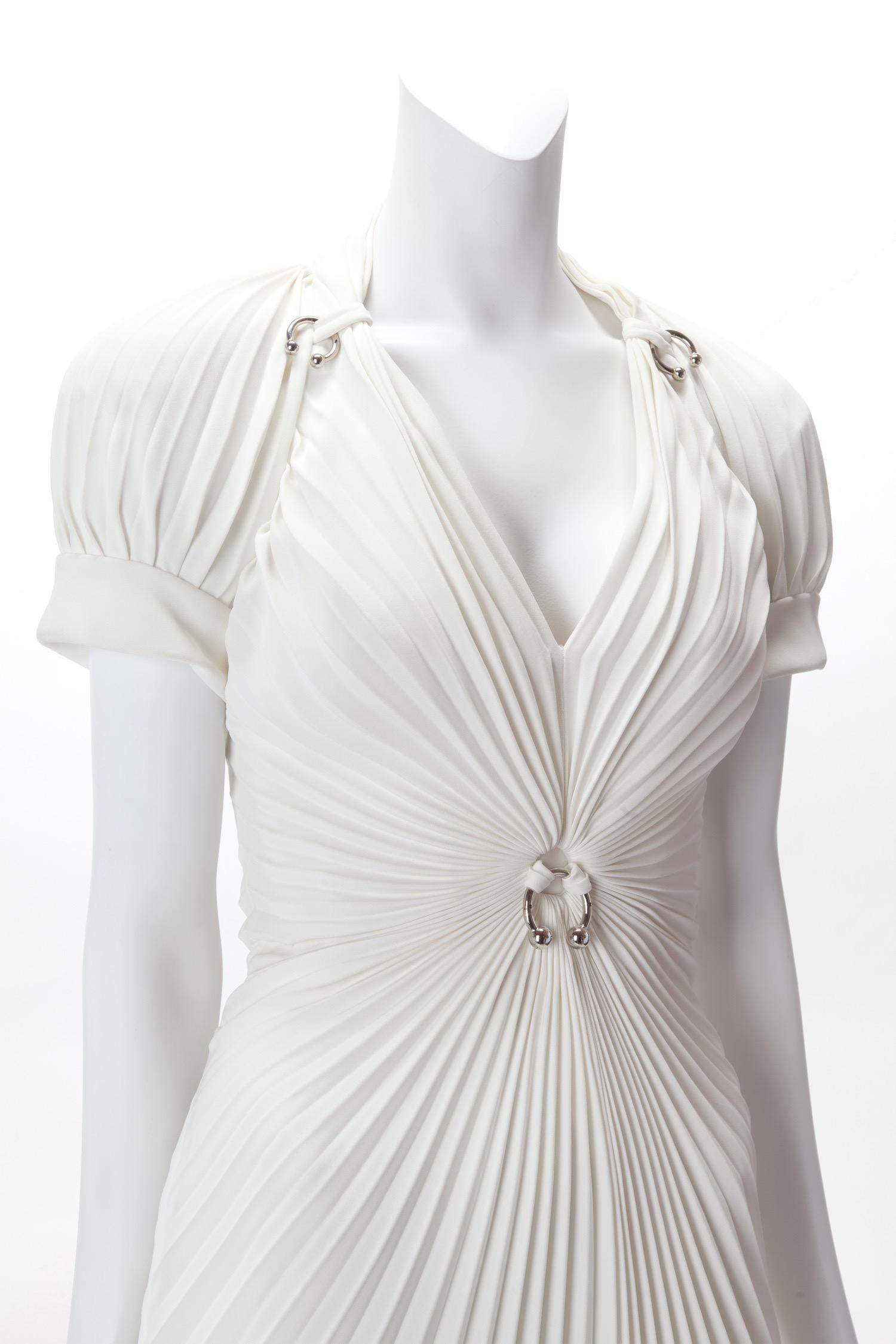 Thierry Mugler S/S 1994 White Fan Pleated Dress; with pleated gathering to central metal ring at midriff, satin-covered lightly-boned corset to interior. 
Fits US size 4, EU 34; Missing Label; Excellent condition.
