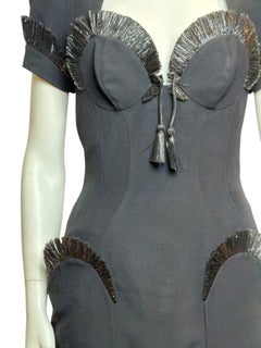 Thierry Mugler S/S 1995 Black Raffia Trim Cocktail Dress