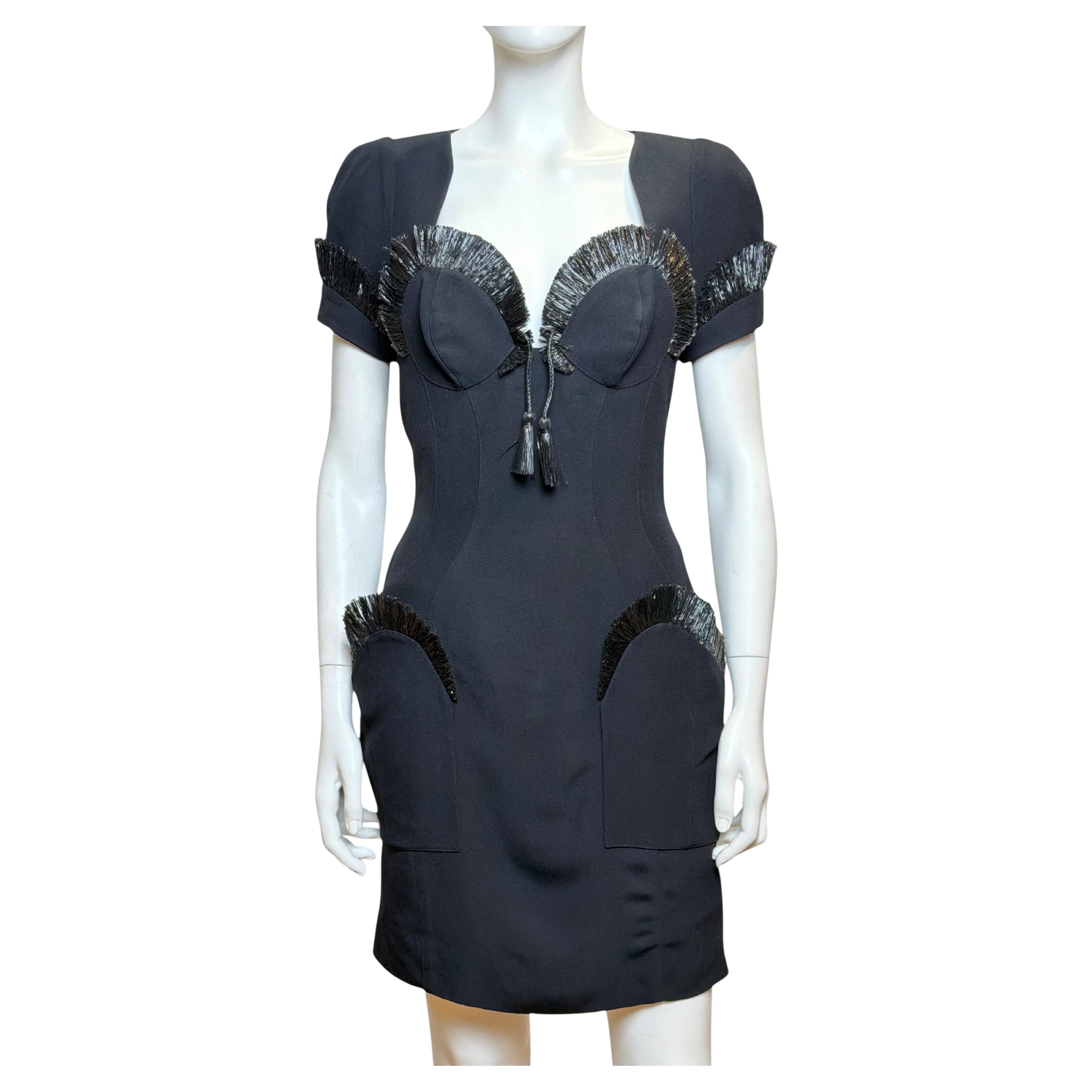 Thierry Mugler S/S 1995 Black Raffia Trim Cocktail Dress im Angebot