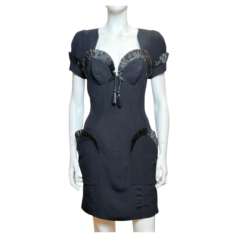 Thierry Mugler S/S 1995 Black Raffia Trim Cocktail Dress