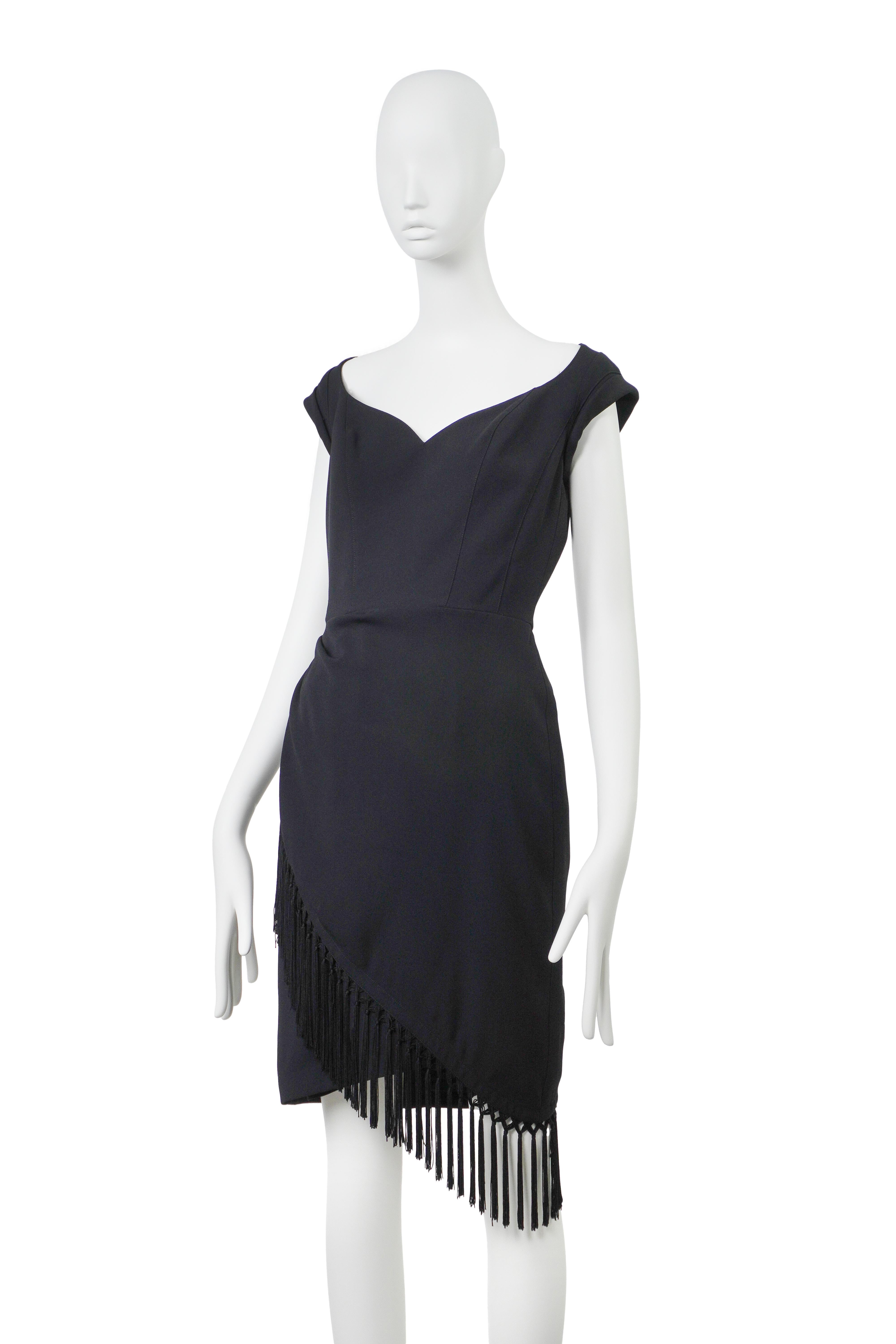 THIERRY MUGLER S/S 1997 Sanduhr-Fransenkleid FR38 (Schwarz) im Angebot