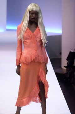 Thierry Mugler S/S 2001 Coral Silk Slip Dress with Raffia Fringe