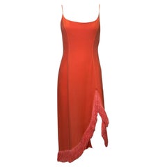 Thierry Mugler S/S 2001 Coral Silk Slip Dress with Raffia Fringe