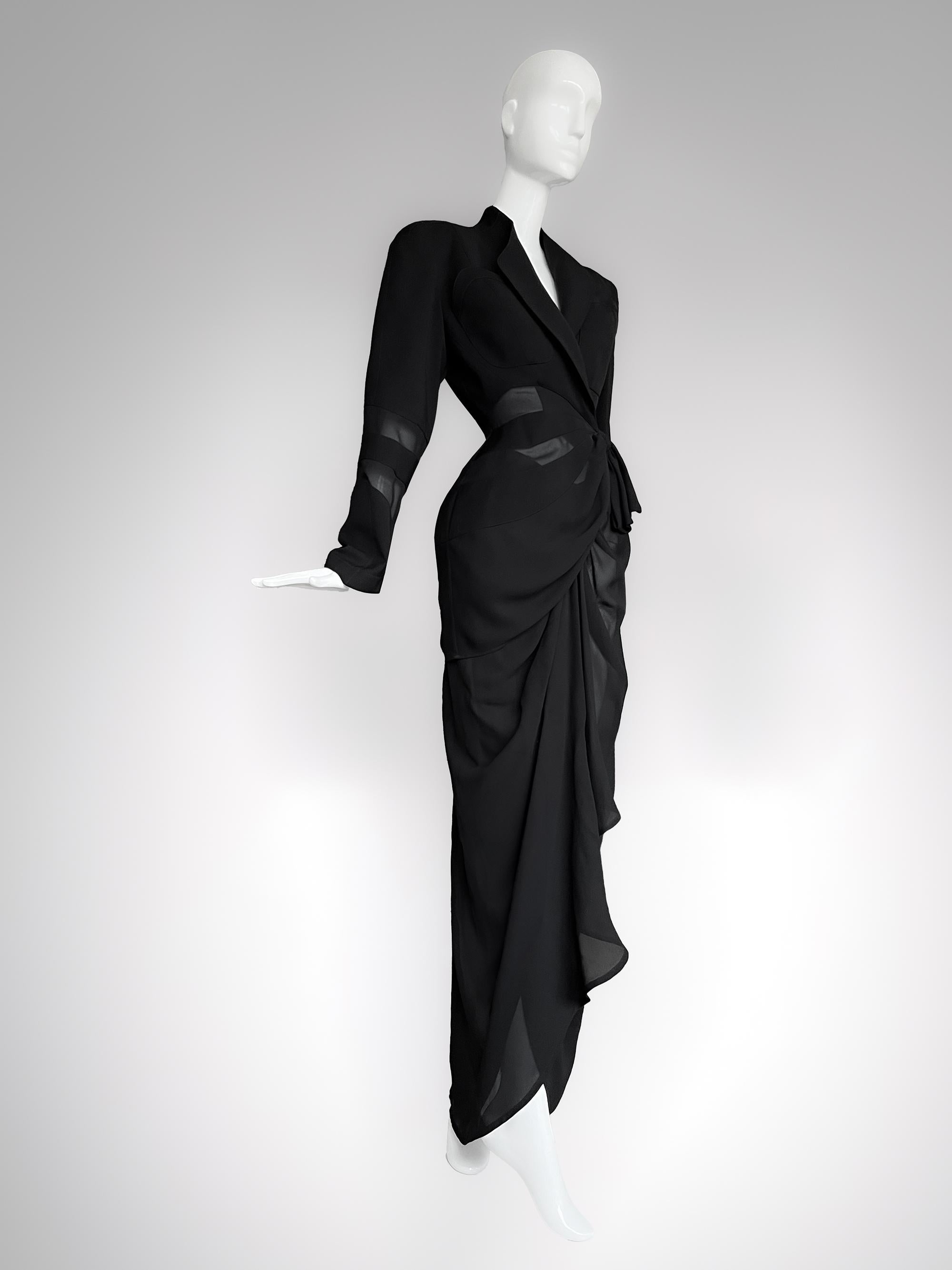 Thierry Mugler Sculptural Ensemble 1992 Semi Sheer Black Suit Jacket and Skirt In Excellent Condition For Sale In Berlin, BE