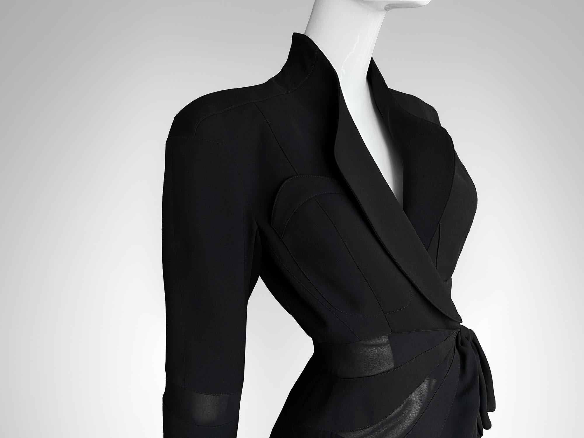 Women's Thierry Mugler Sculptural Ensemble 1992 Semi Sheer Black Suit Jacket and Skirt For Sale