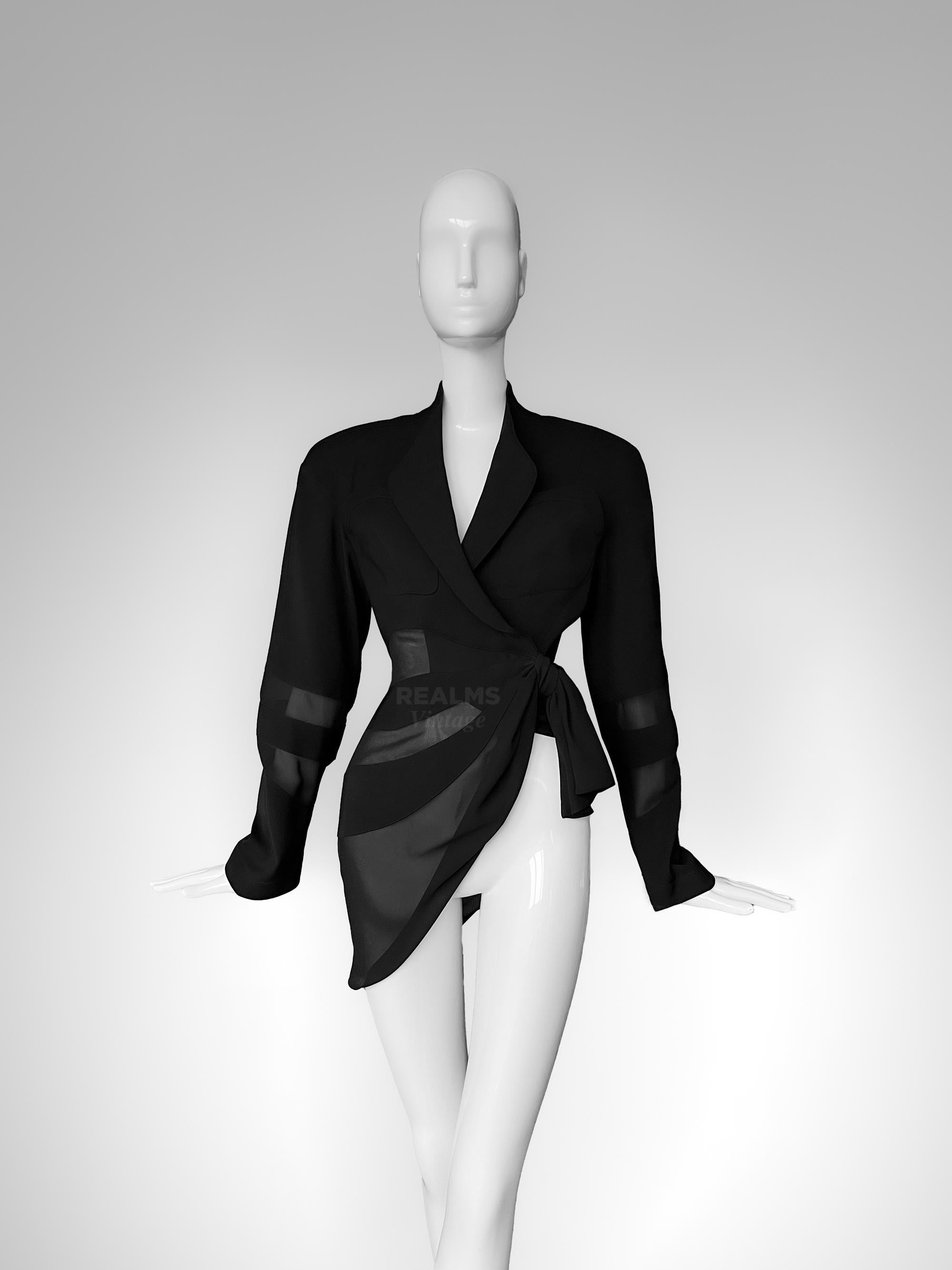 Thierry Mugler Sculptural Ensemble 1992 Semi Sheer Black Suit Jacket and Skirt For Sale 2