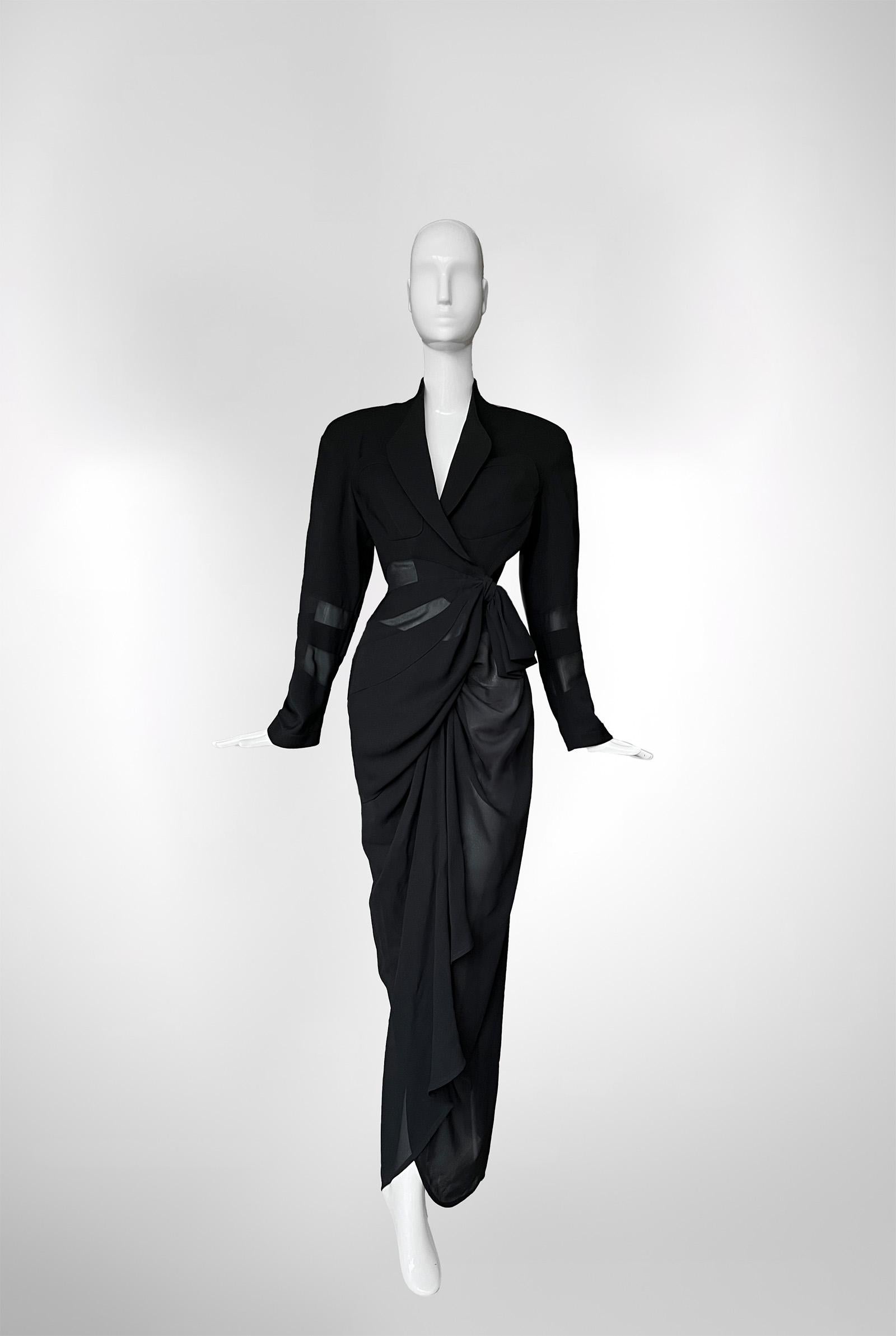 Thierry Mugler Sculptural Ensemble 1992 Semi Sheer Black Suit Jacket and Skirt For Sale 5