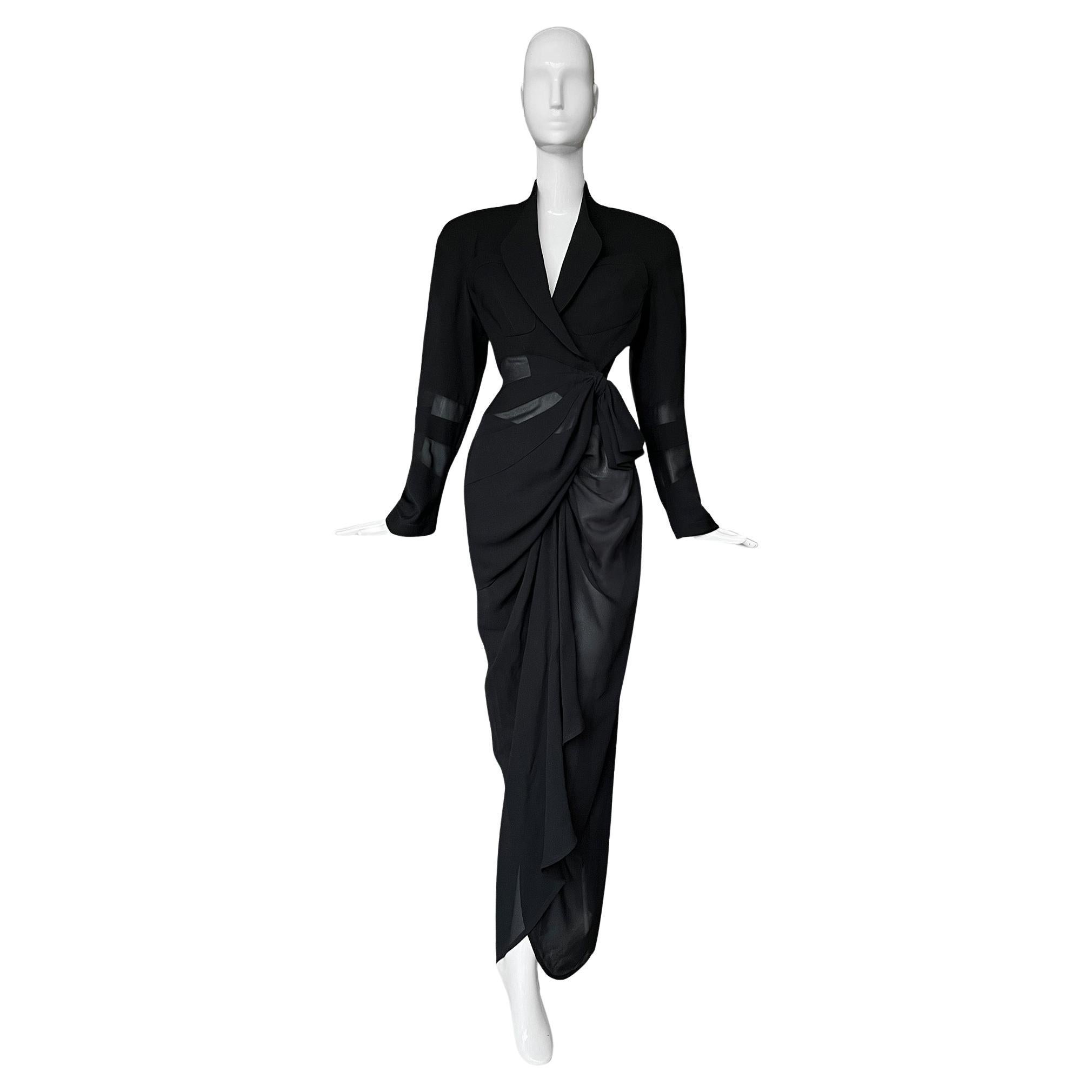 Thierry Mugler Sculptural Ensemble 1992 Semi Sheer Black Suit Jacket and Skirt For Sale
