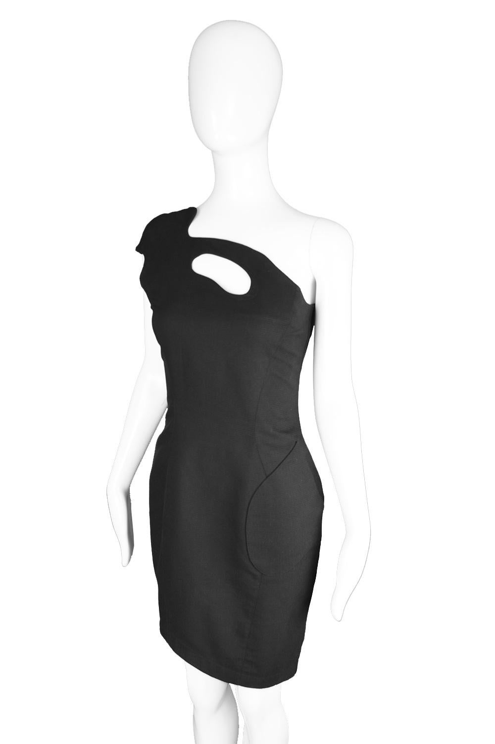 Thierry Mugler Sculptural One Shoulder Vintage Black Cotton Party Dress, 1980s For Sale 1