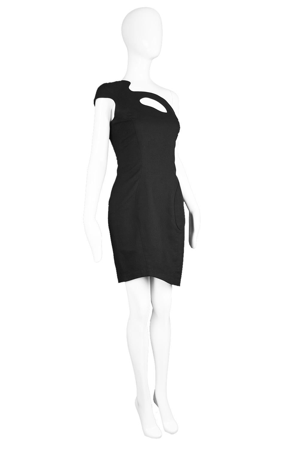 Thierry Mugler Sculptural One Shoulder Vintage Black Cotton Party Dress, 1980s For Sale 3