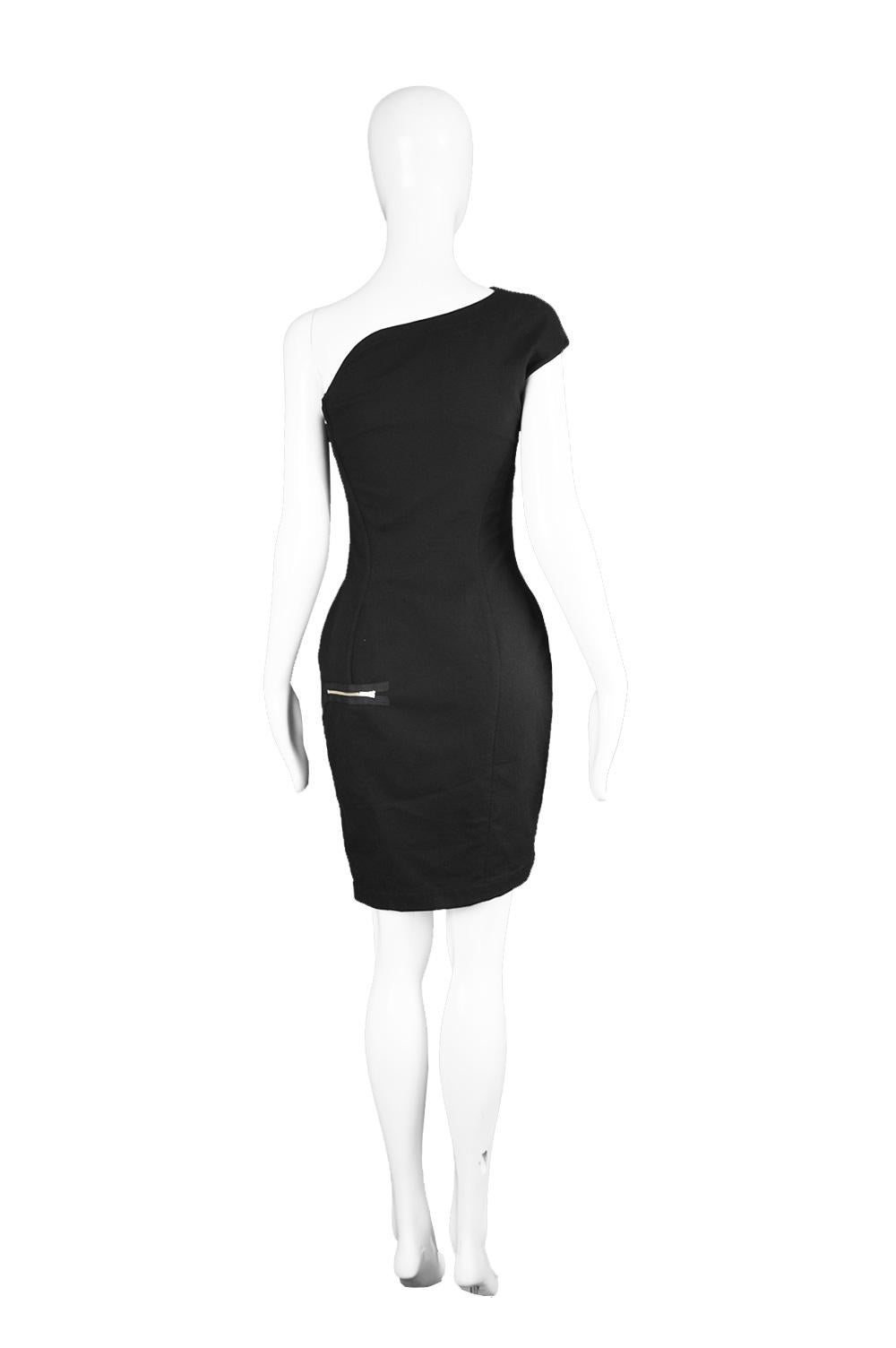 Thierry Mugler Sculptural One Shoulder Vintage Black Cotton Party Dress, 1980s For Sale 4