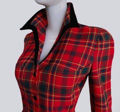 Thierry Mugler Sculptural Wool Tartan Jacket Velvet Details Red Black