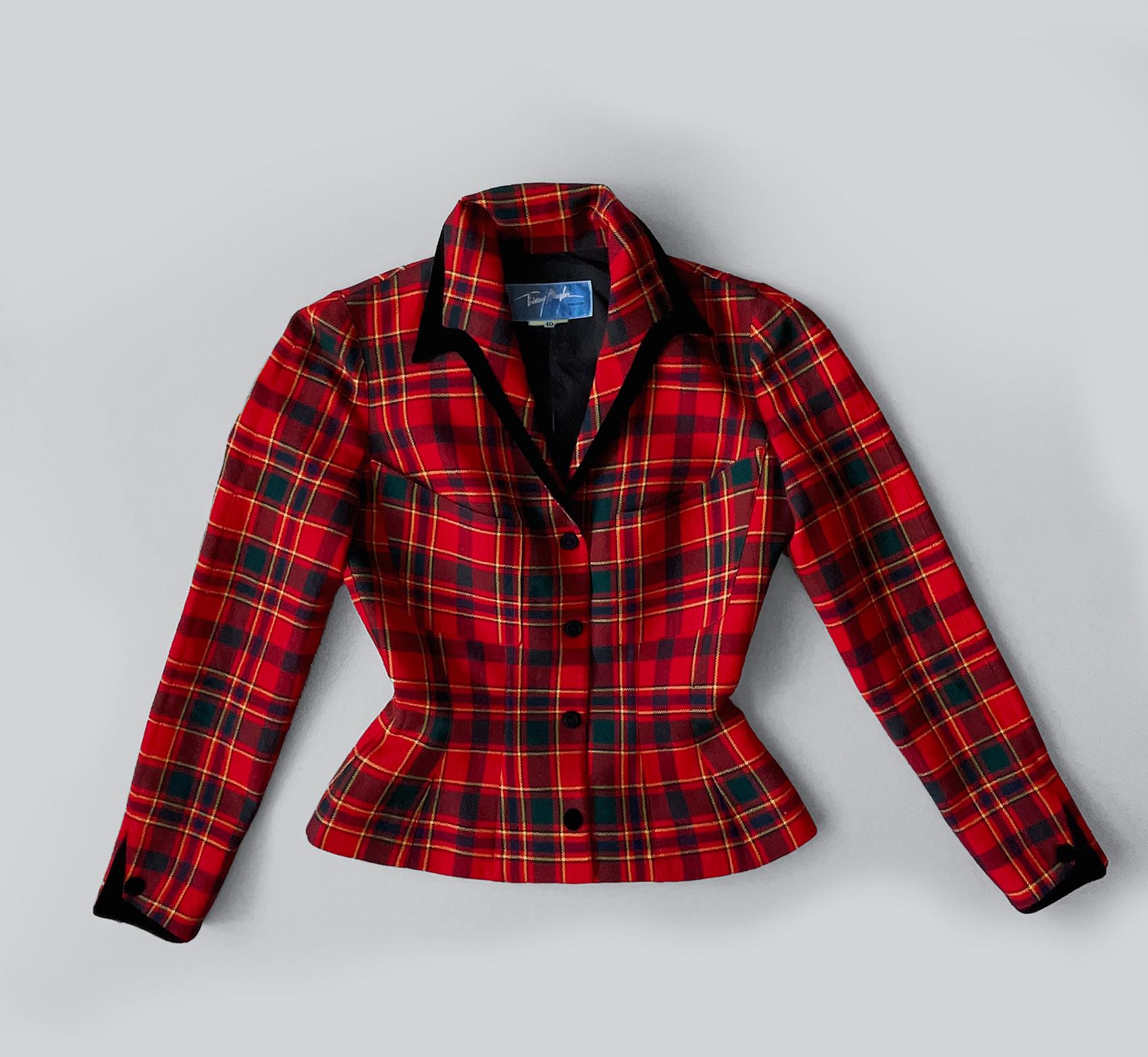 Thierry Mugler Sculptural Wool Tartan Jacket Velvet Details Red Black In Good Condition In Berlin, BE